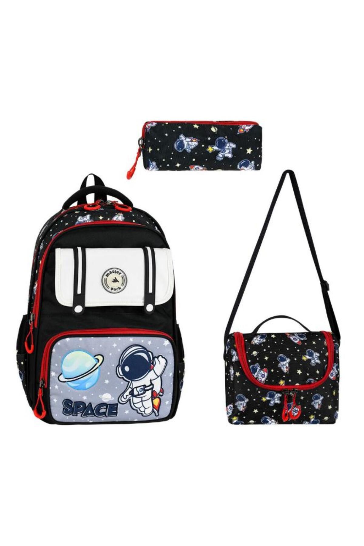 Baginn Erkek İlkokul Çantası 3'lü Set 42*30 Cm Beslenme Çantası Kalem Kutusu Ortopedik Uzay Nasa