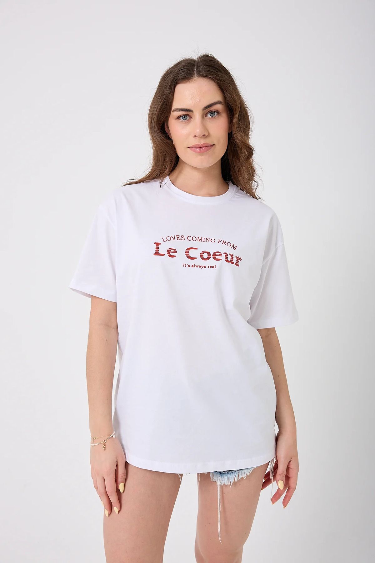 sernoy lomera SL4615-Oversize Le Coeur Yazı Baskılı T-Shirt