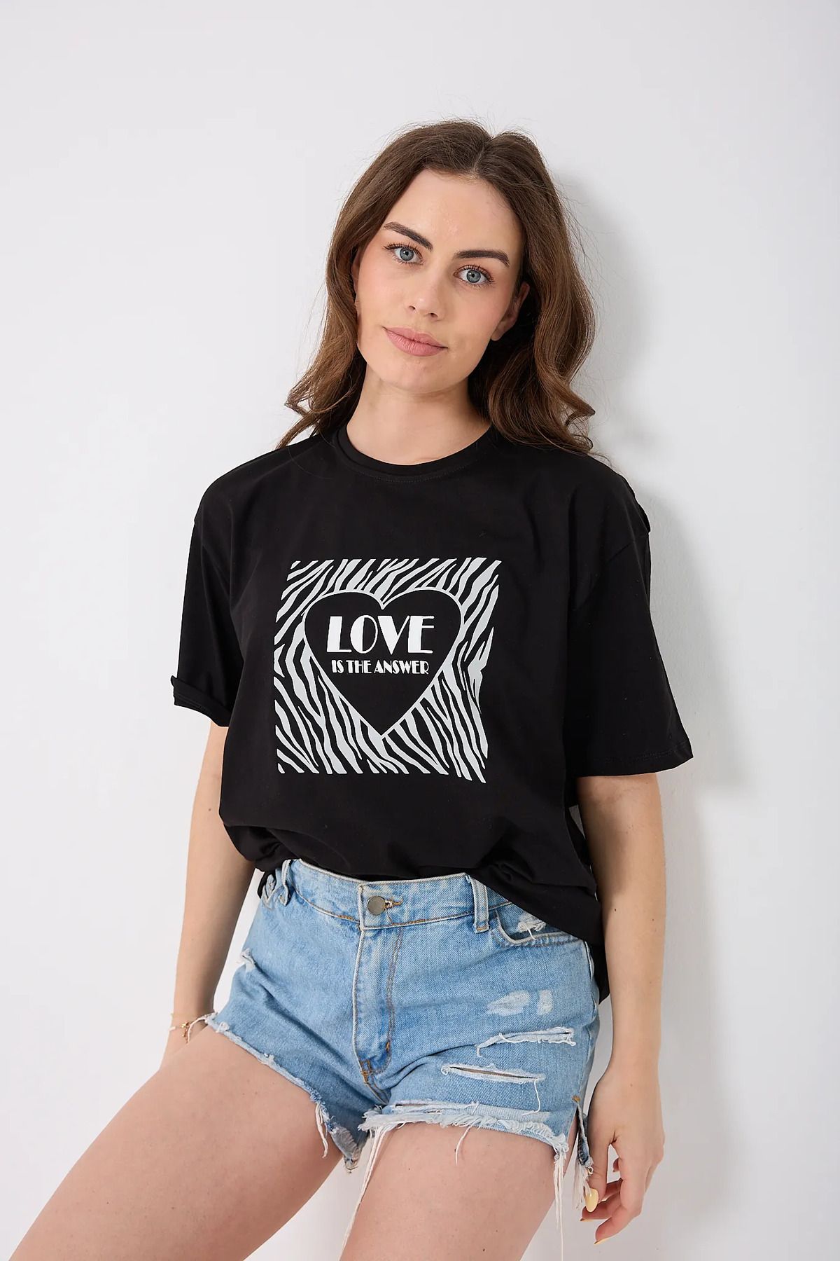 sernoy lomera SL4619 - Oversize LOVE IS THE ANSWER Yazı Baskılı T-Shirt