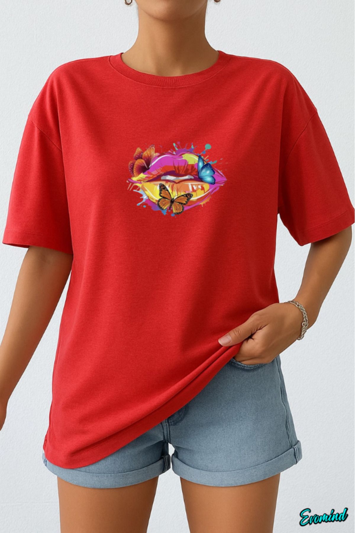 Evomind Dudak Kelebek Baskılı Unisex T-shirt