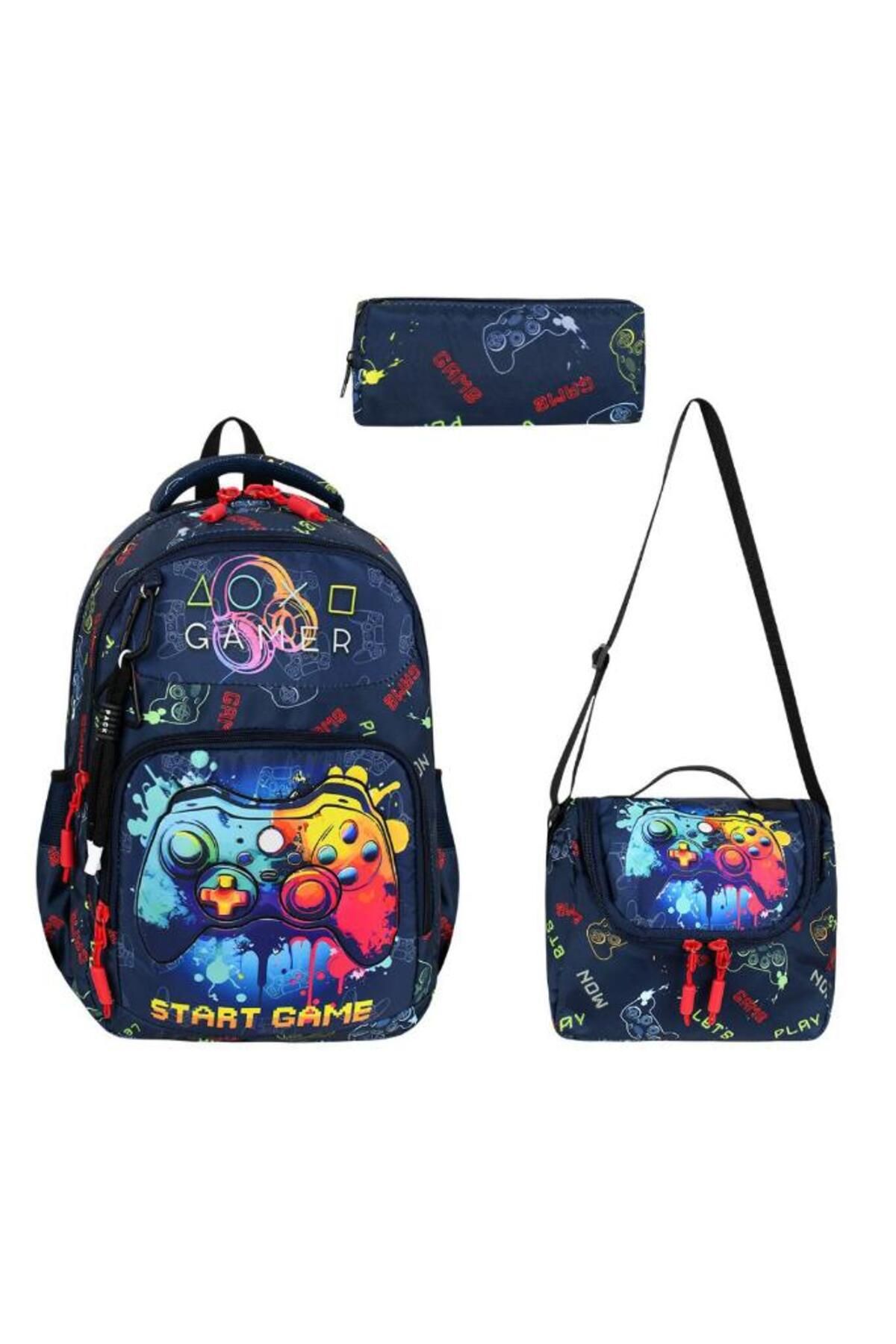 Baginn İlkokul Çantası 3'lü Set 42*30 Cm Beslenme Çantası Kalem Kutusu Ortopedik Gamer Erkek Çocuk