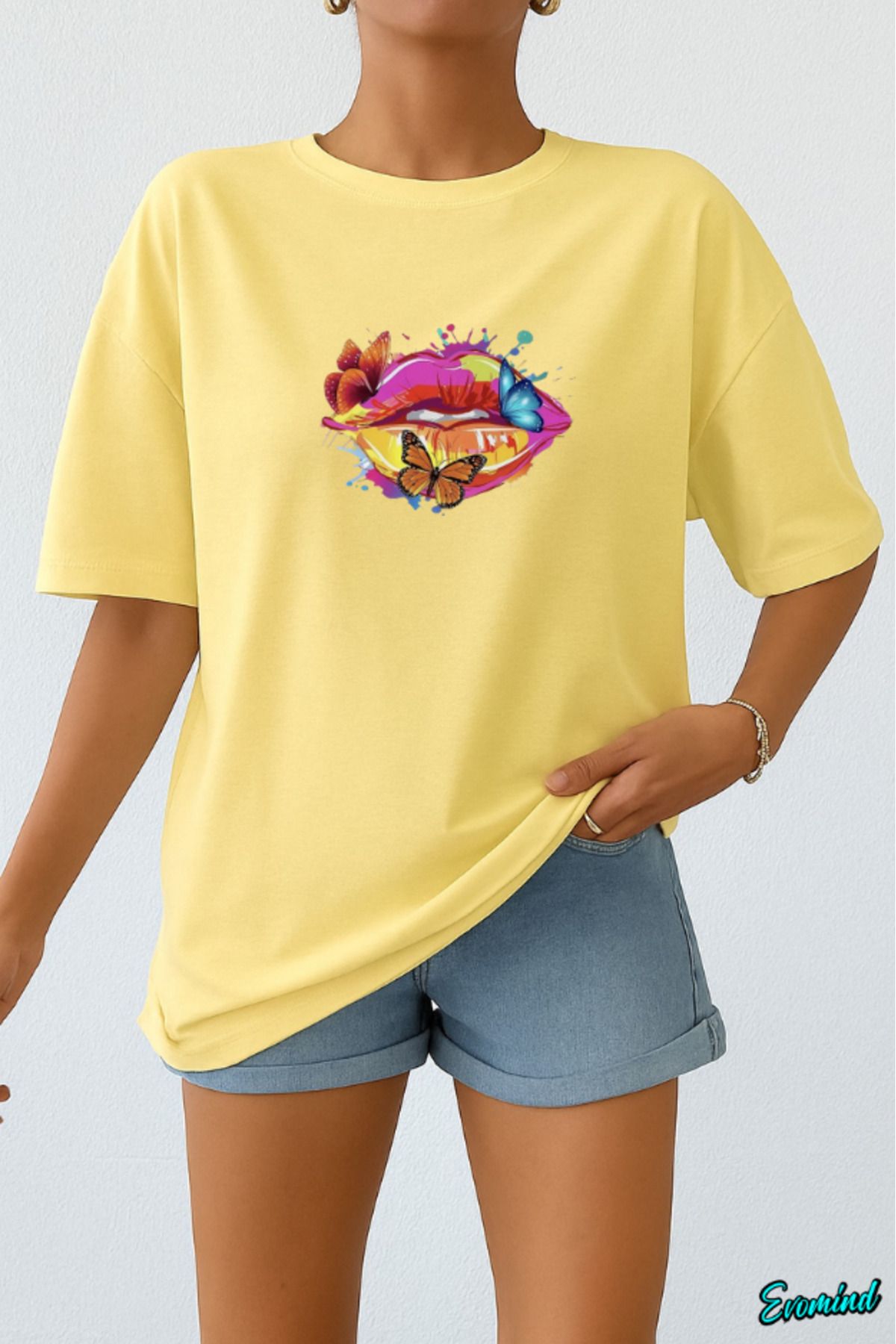 Evomind Dudak Kelebek Baskılı Unisex T-shirt