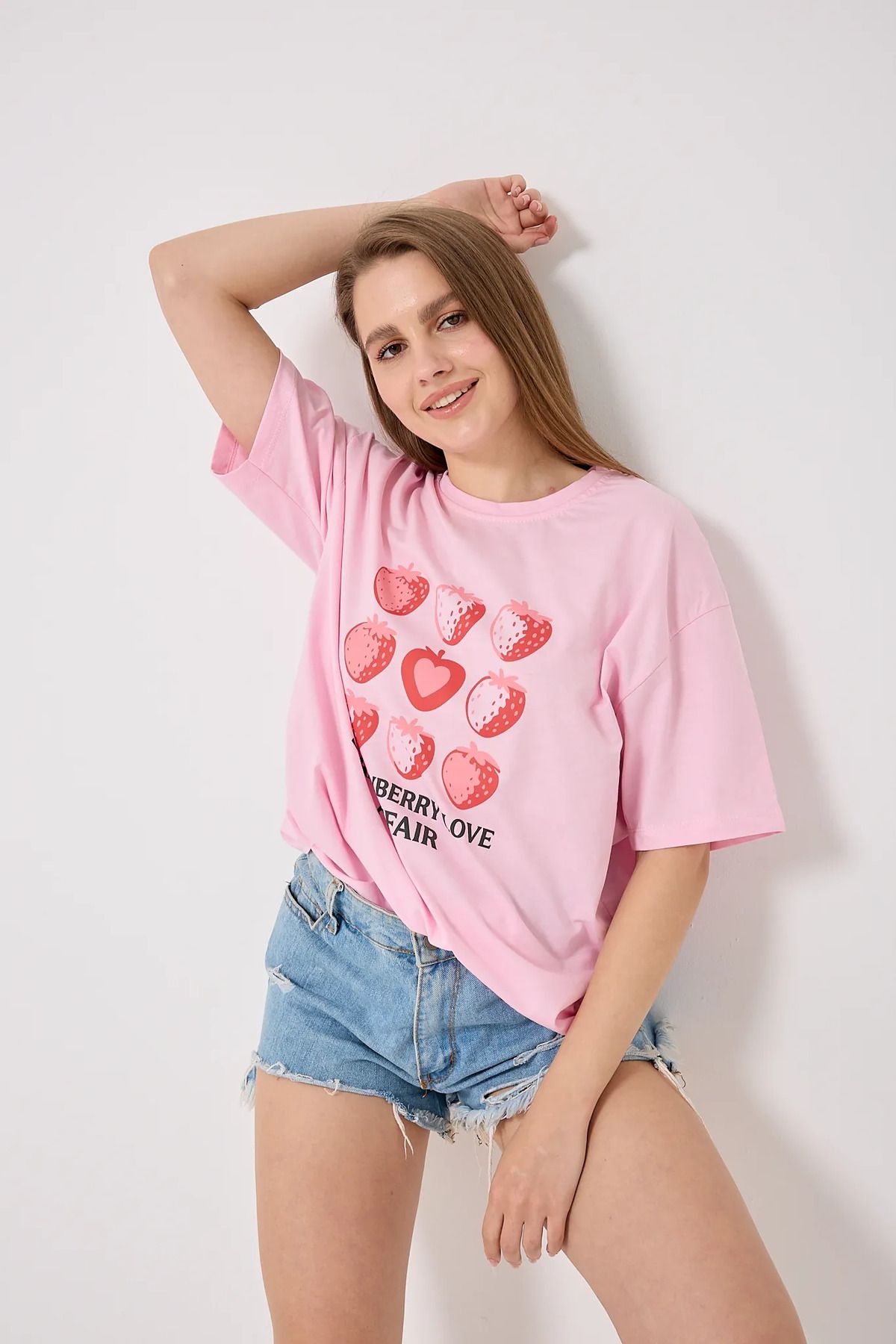 sernoy lomera SL4612 - Oversize Çilek Baskılı T-Shirt