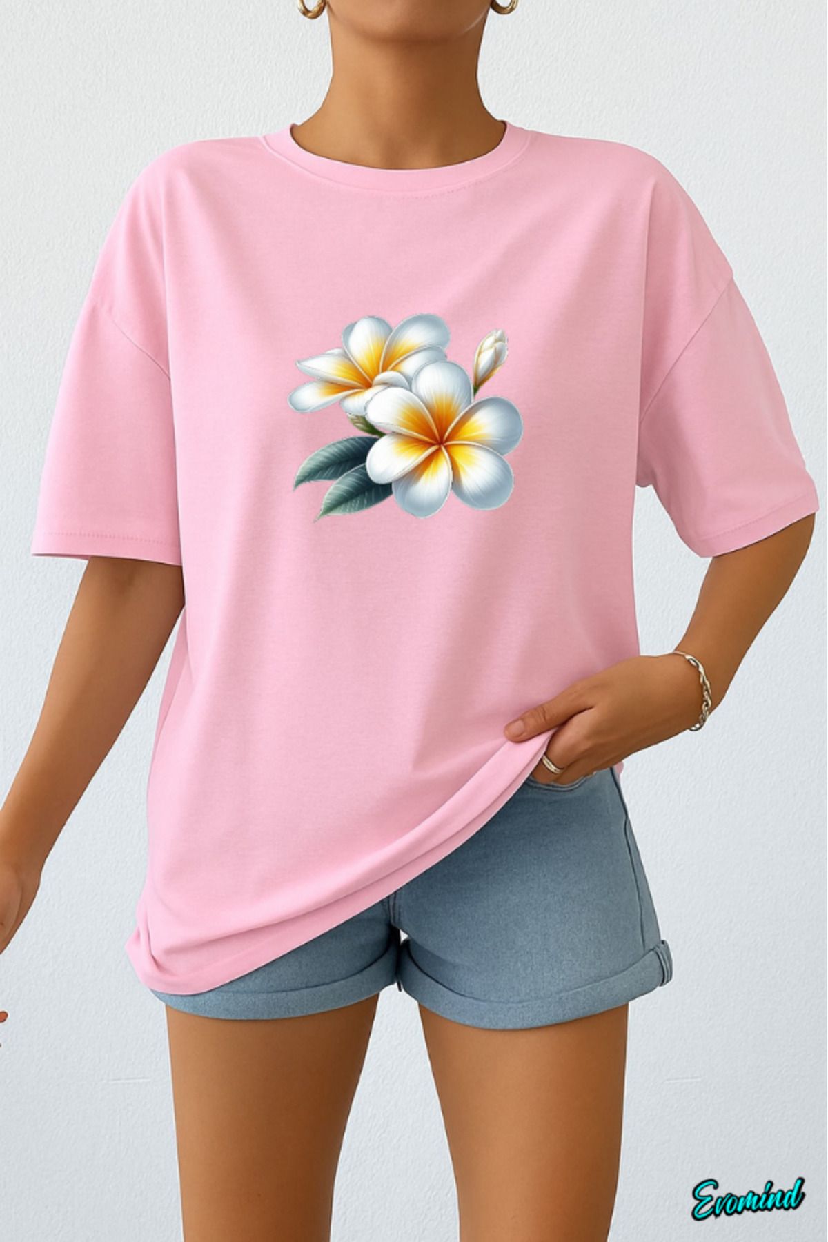 Evomind Beyaz Çiçek Baskılı Unisex T-shirt