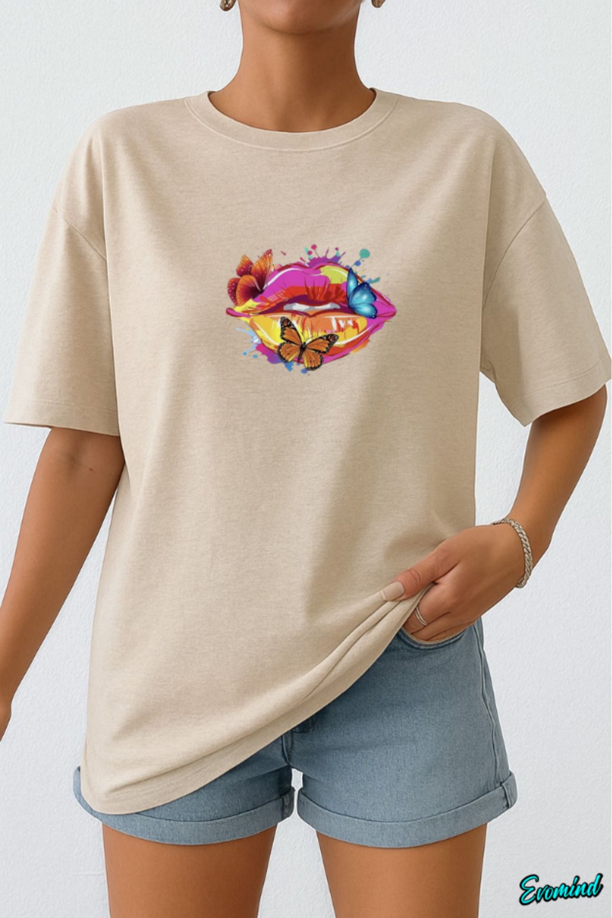 Evomind Dudak Kelebek Baskılı Unisex T-shirt