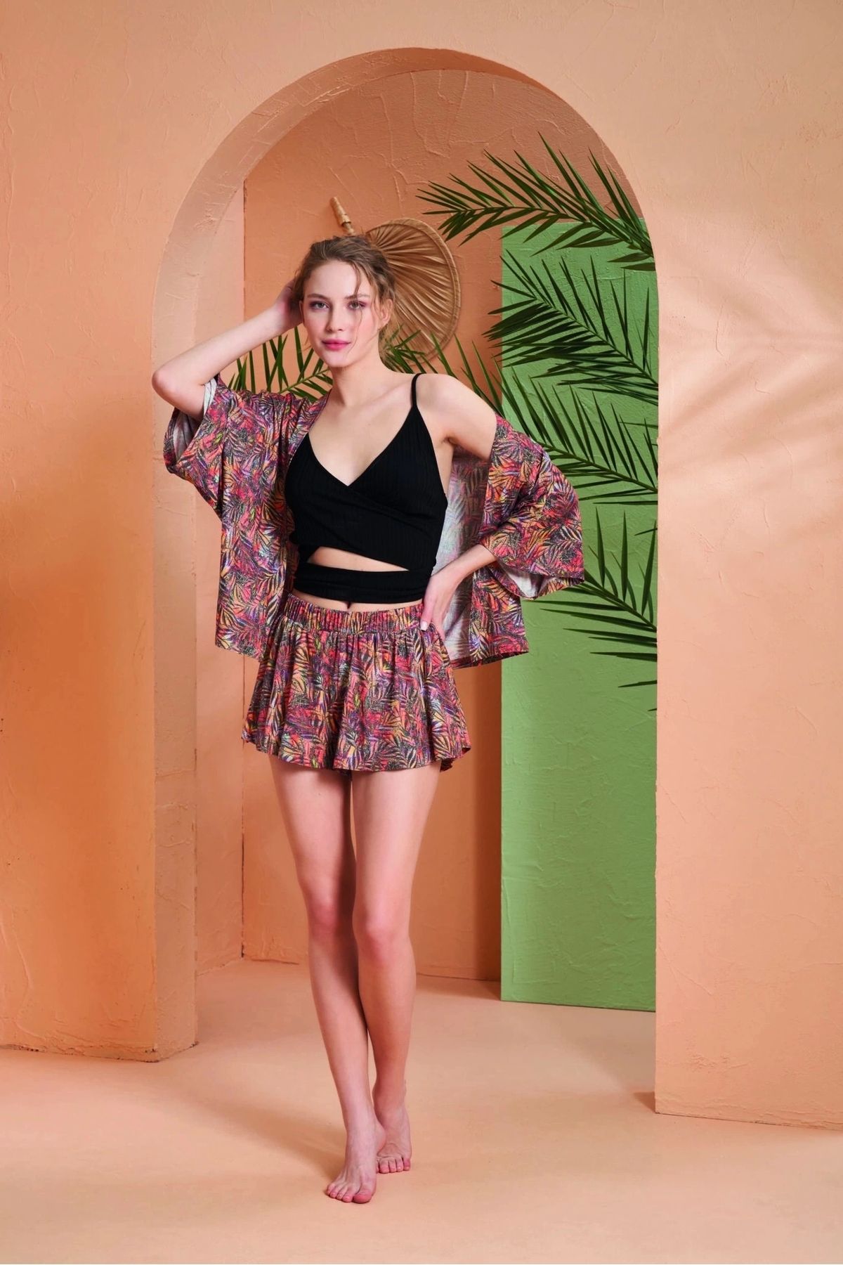buHillco-Pjs Patterned Viscose Kimono Cropl Shorts Set 3