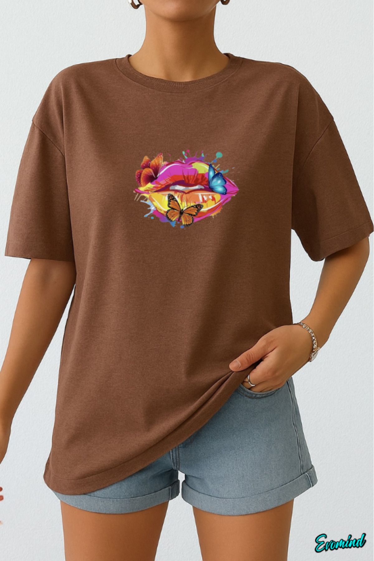 Evomind Dudak Kelebek Baskılı Unisex T-shirt