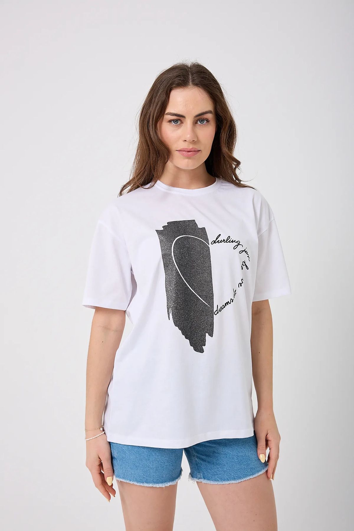 sernoy lomera SL4625 - Oversize Simli Yarım Kalp Baskılı T-Shirt