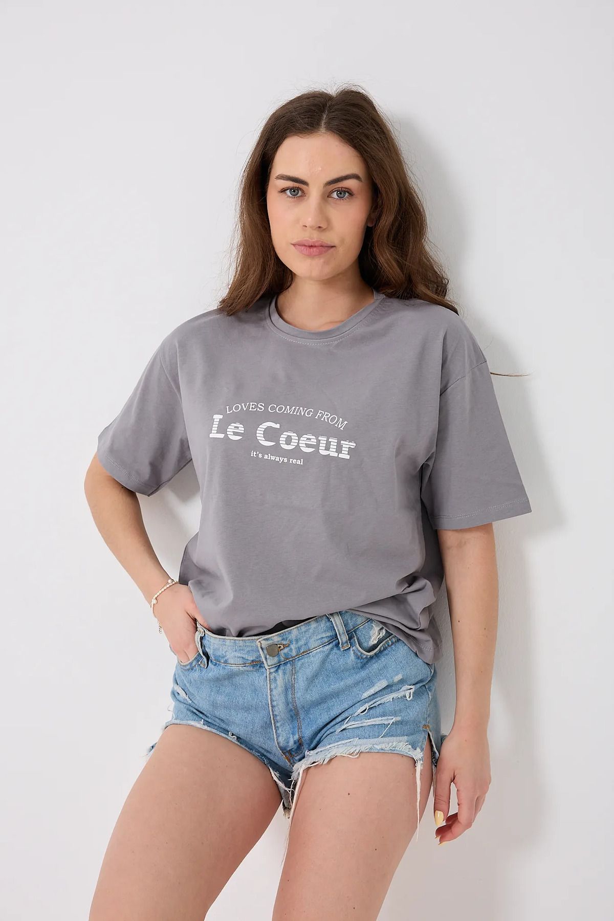 sernoy lomera SL4615-Oversize Le Coeur Yazı Baskılı T-Shirt
