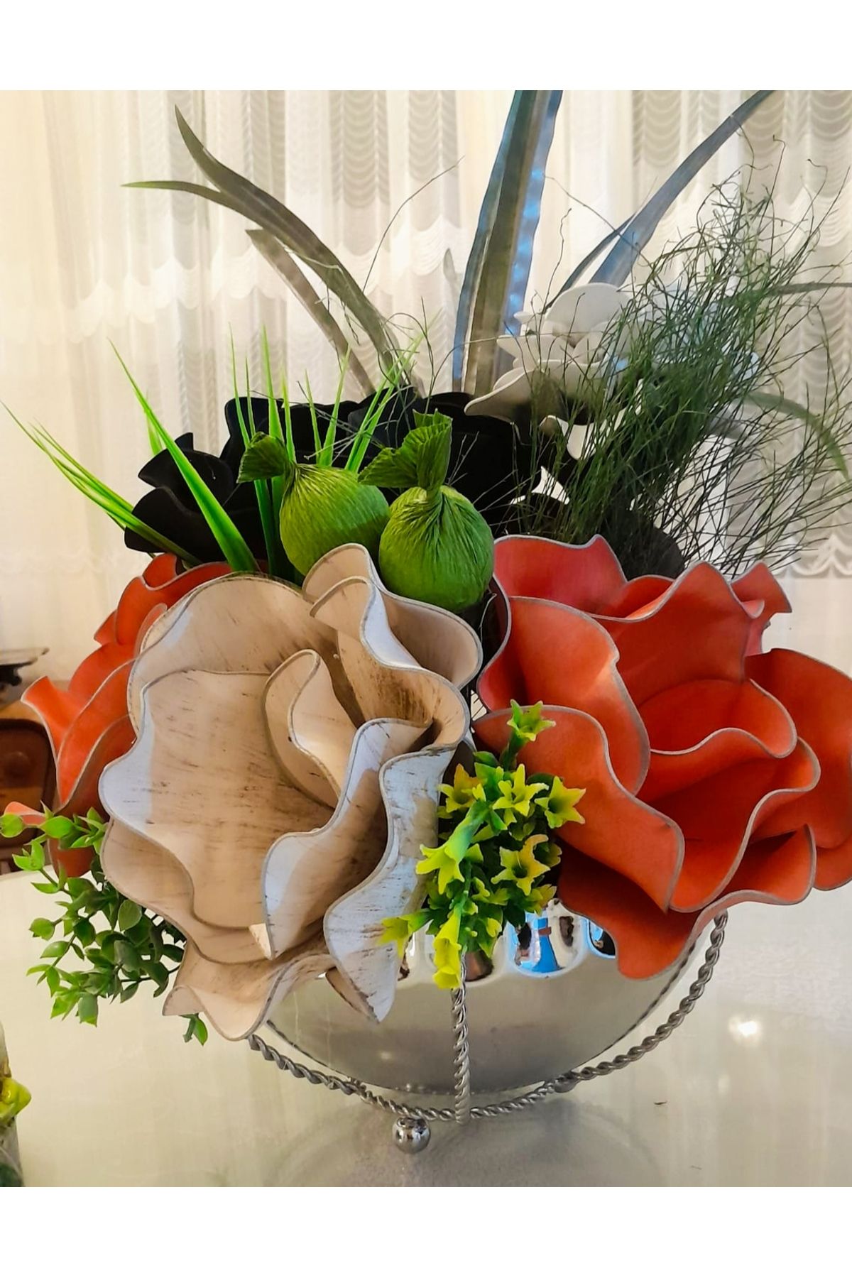 Hatem dekor flower Yapay çiçek lateks gümüş renk metal vazoda lateks aranjman dekoratif el işçiliği üründür hediye