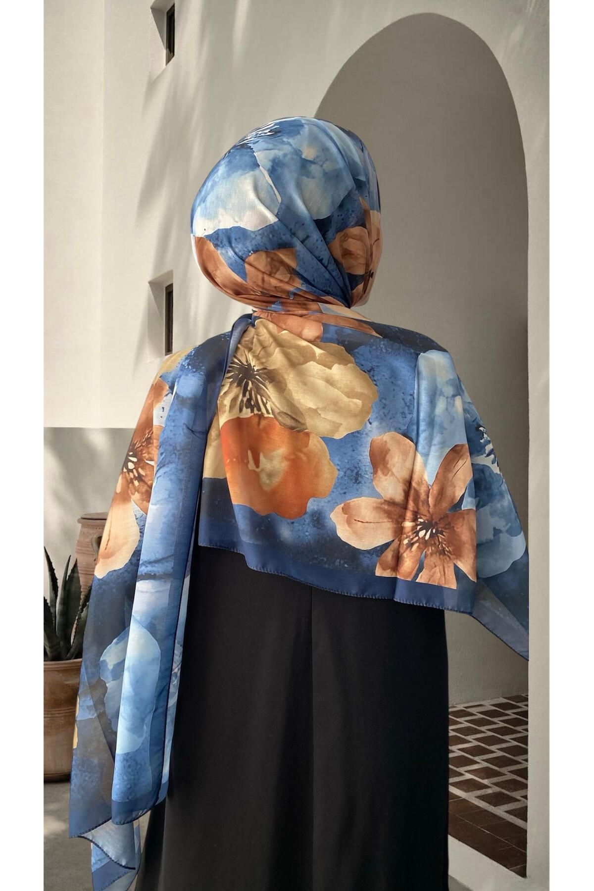 ESSLERA Gül Desen Lacivert Pamuksu Soft Şal