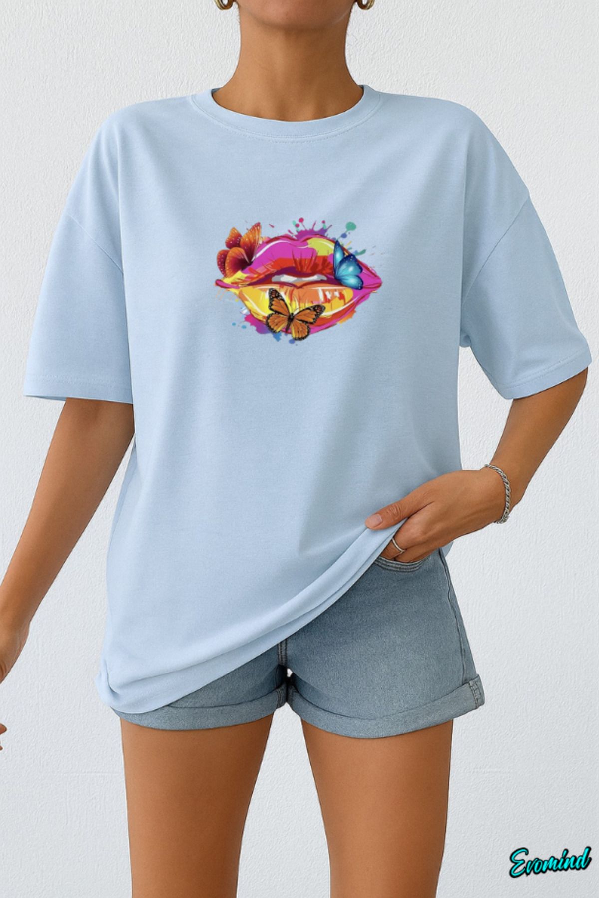 Evomind Dudak Kelebek Baskılı Unisex T-shirt