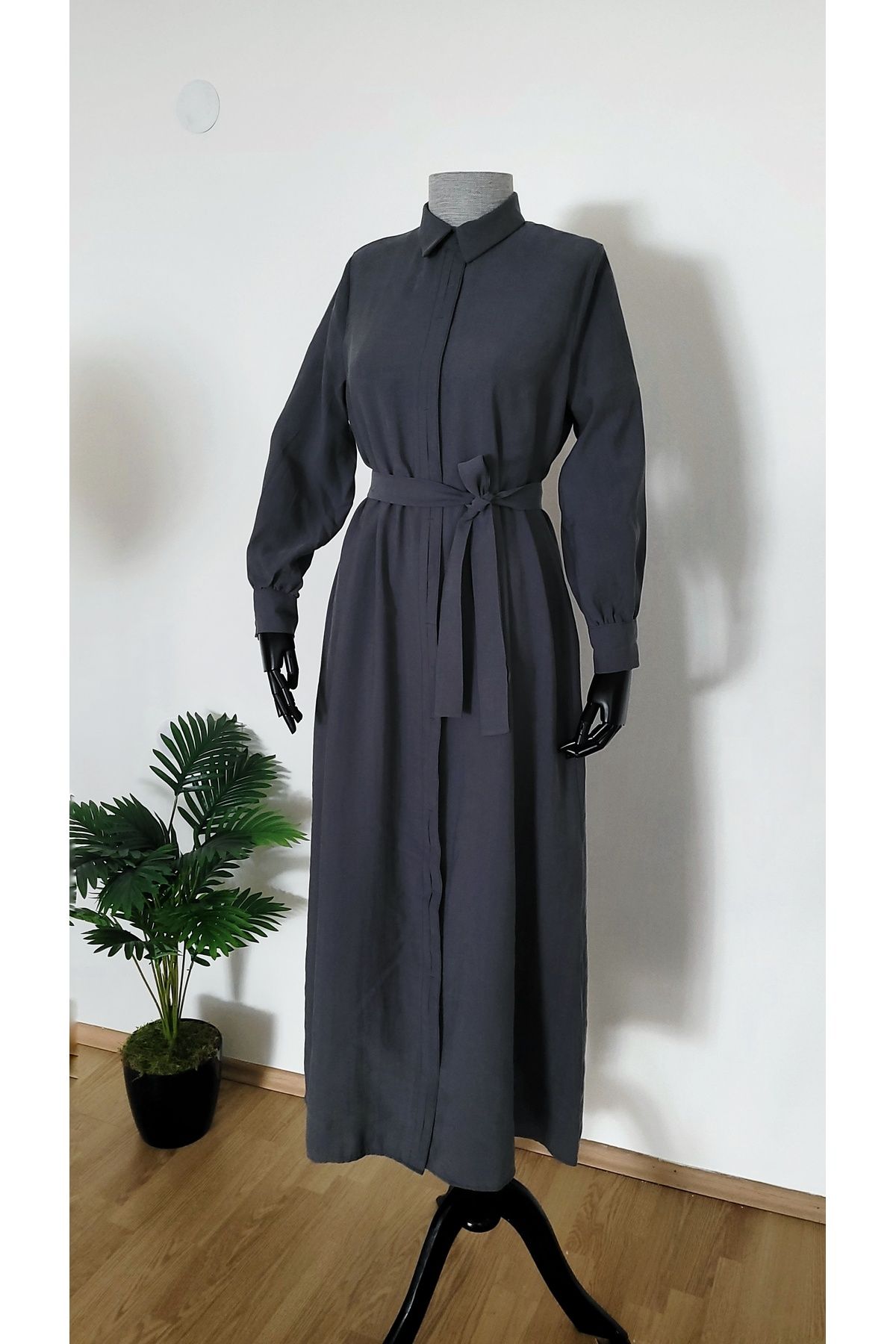 naqshestore Tam Boy Kuşaklı Gömlek Elbise