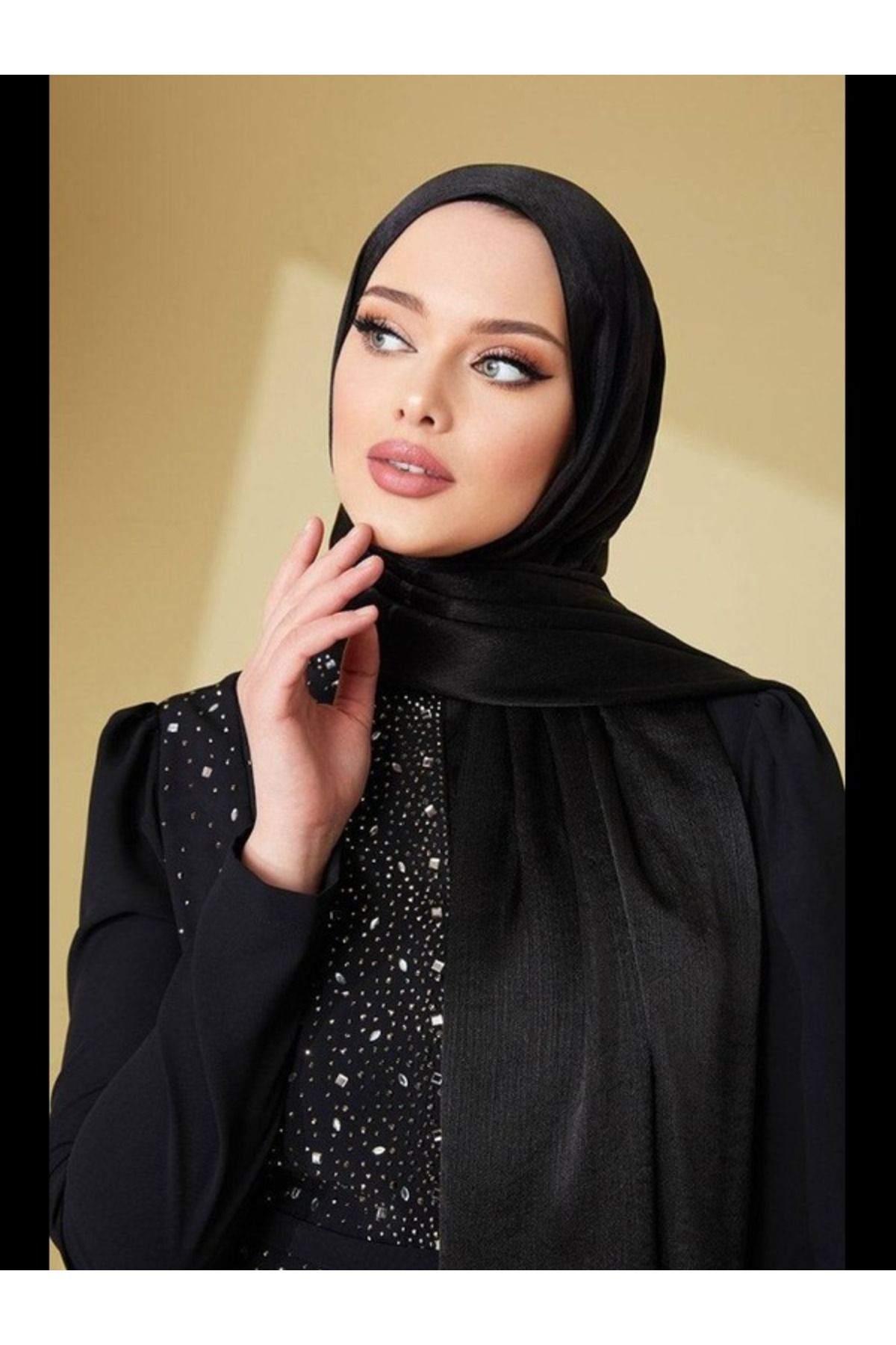 Aynur Janjan Trend Parlak Saten Dokulu Abiye Şifon Siyah Işıl Şal 185 X 70