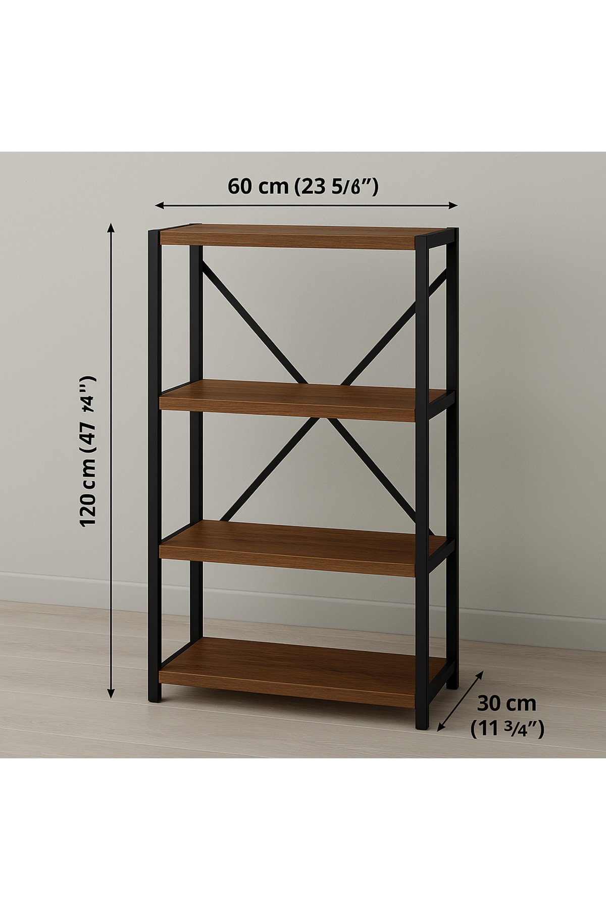 WANDOO Ofis Salon İçin Siyah Metal Çerçeveli 4 Raflı Endüstriyel Dosya Kitap Rafı 120x60x30 cm
