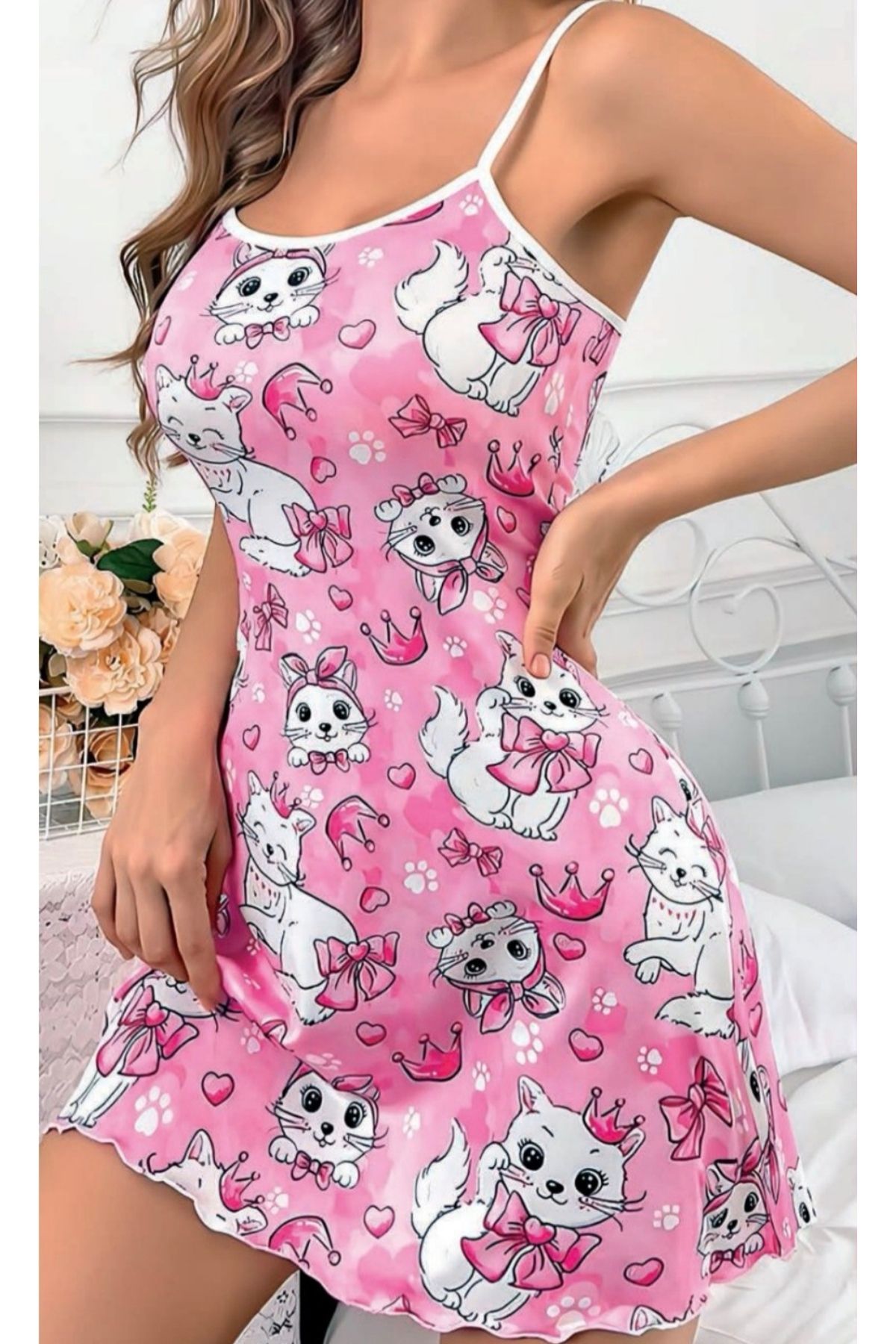 NightLove Nightlight 3738 Kadın Pembe Kedi Desenli Askılı Gecelik
