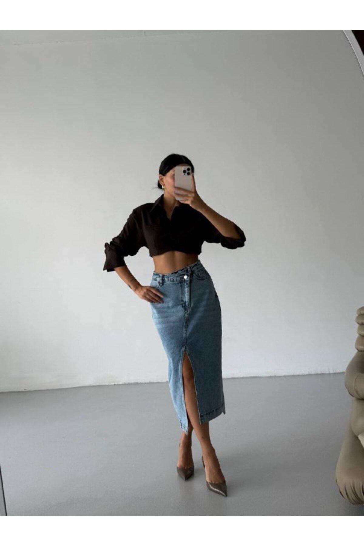 Castivo Fashion Asimetrik Patlı Ön Yırtmaçlı Yüksek Bel Denim Midi Kalem Etek
