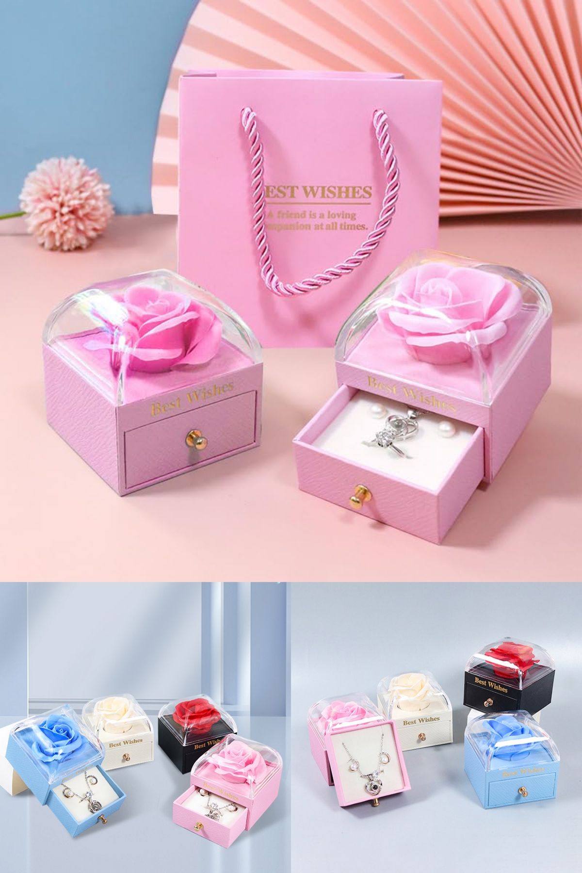 Wolawood Luxury Özel Gül Tasarım Çantalı Takı Kutusu Yüzük, Kolye, Bileklik, Mücevher İçin Özel Hediyelik Set