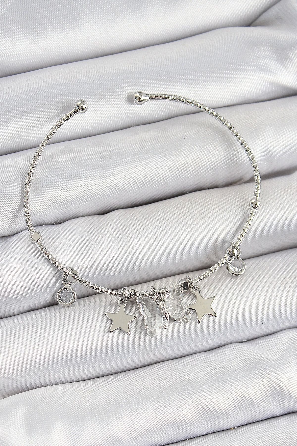GLIMMERY Pirinç Zirkon Taşlı Kelebek Ve Yıldız Model Gümüş Renk Charm Bileklik