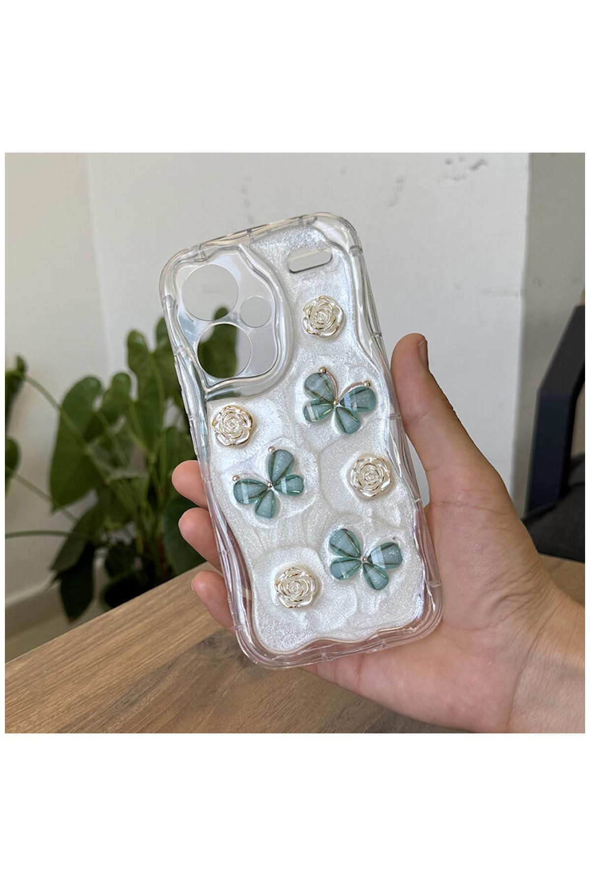 Pro Aksesuar Xiaomi Redmi Note 13 Pro Plus 5G Uyumlu Kılıf Kelebekli Floral Silikon Kılıf Yeşil