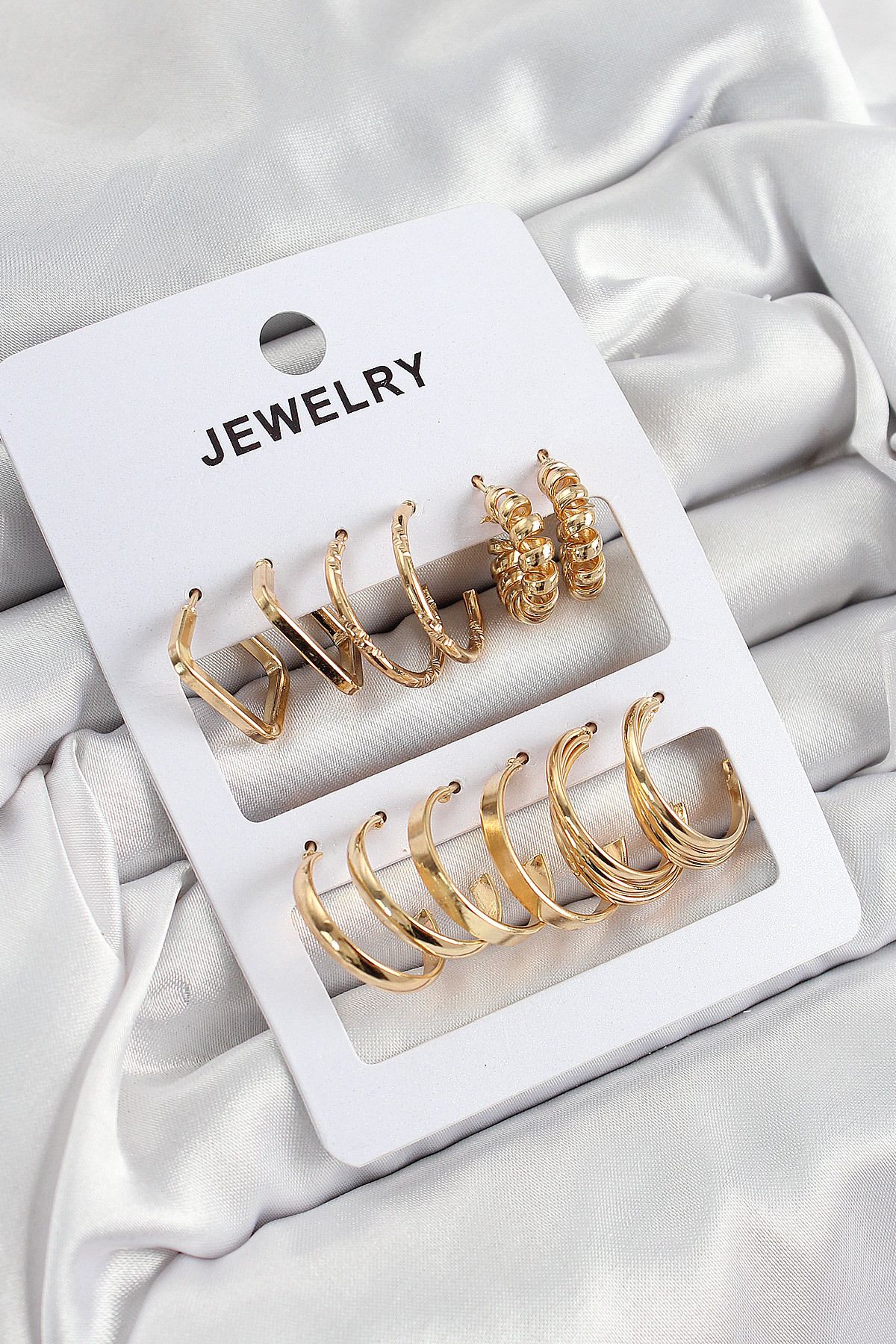 norsary Pirinç Karışık Halka Model Gold Renk 6 Çift Kadın Küpe Set