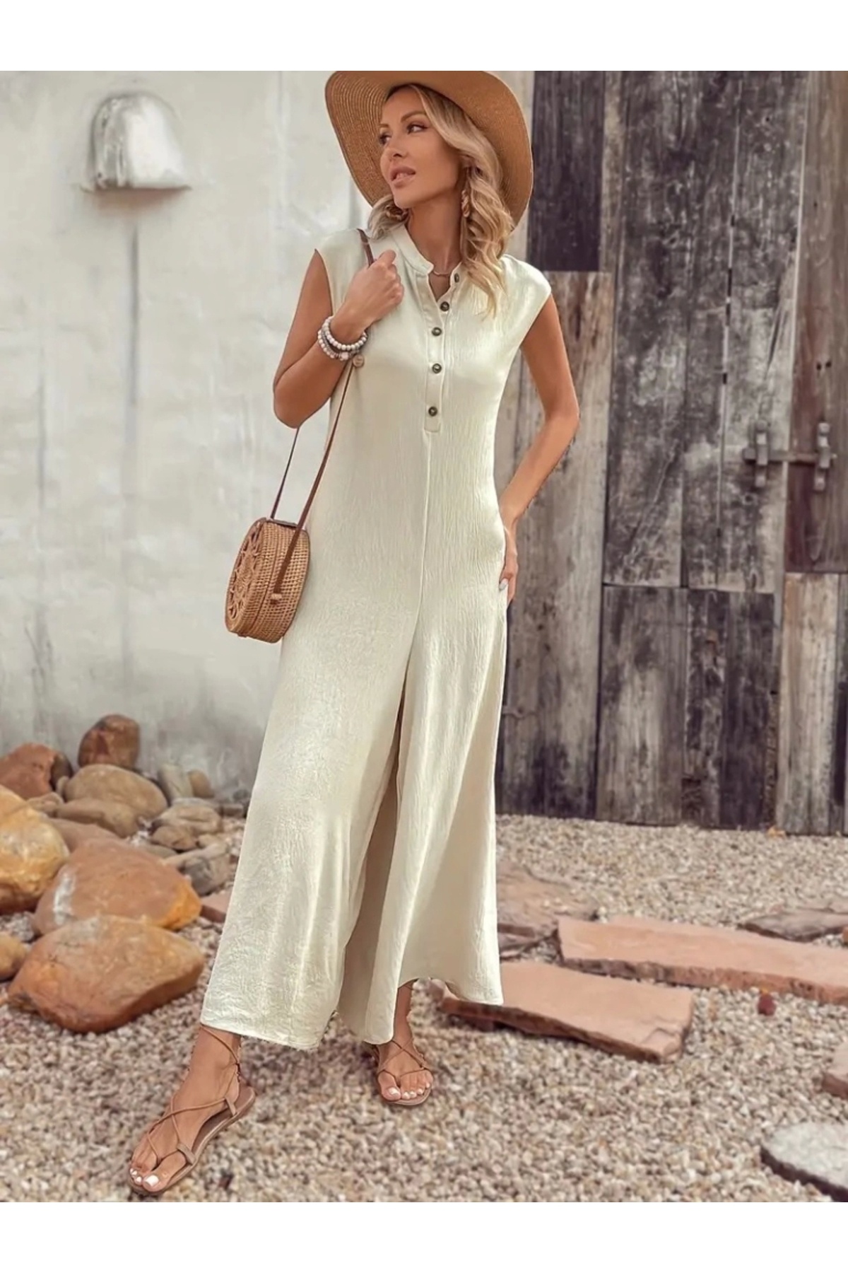nedo7-Women's Short Sleeve Front Buttoned to the Leg Wide Pocket Long Wrap Jumpsuit 5