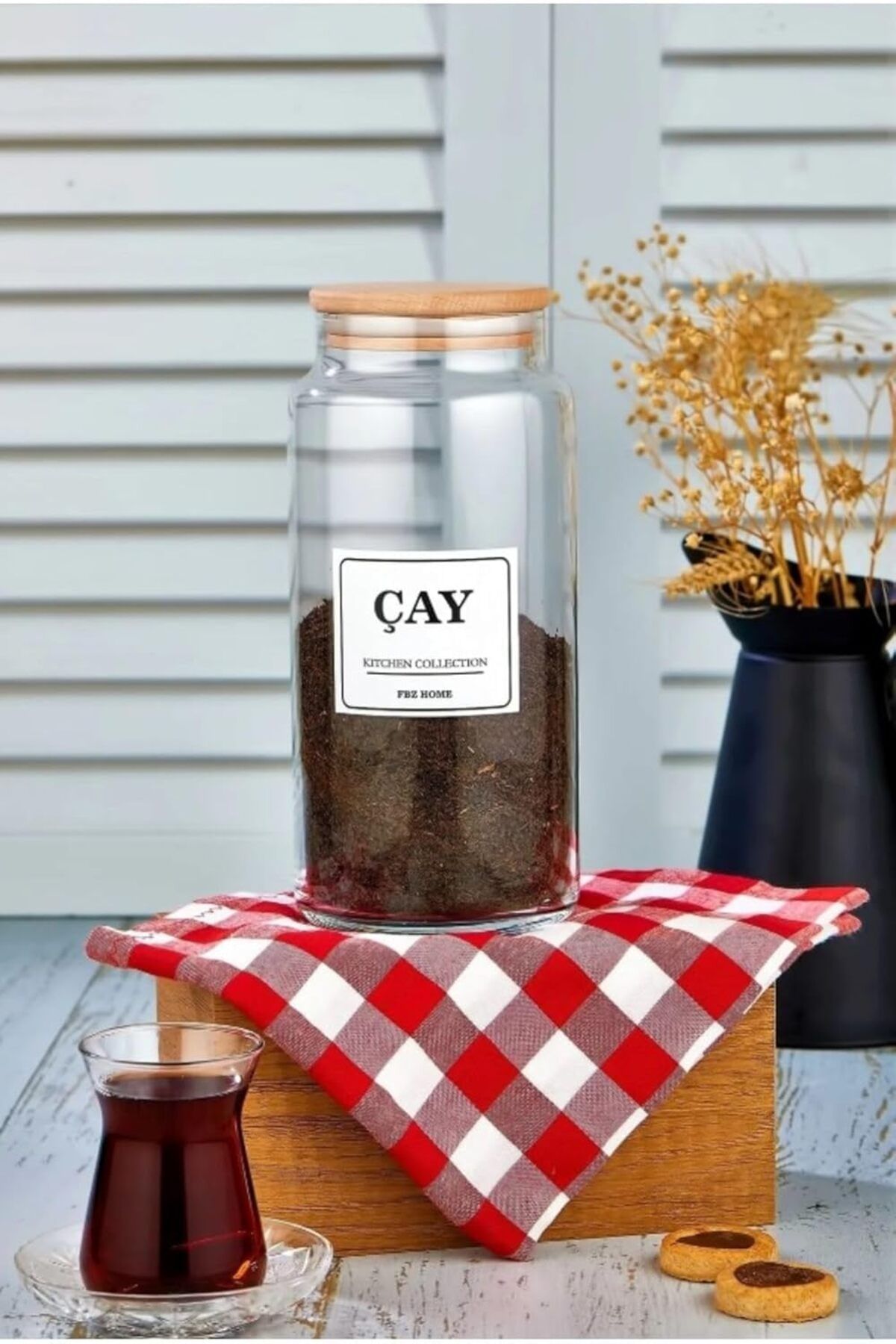 Mena Rise TuonShop CONCEPT 1300 ml Ahşap Kapaklı Çay Saklama Kabı Cam Kavanoz Beyaz 1122991