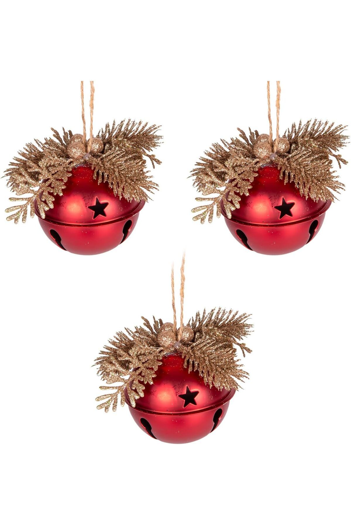 Mena Rise TuonShop Yılbaşı Ağaç Süsü Çıngıraklı Yılbaşı Topu 3'lü Set Kırmızı-Gold 8 Cm. 11