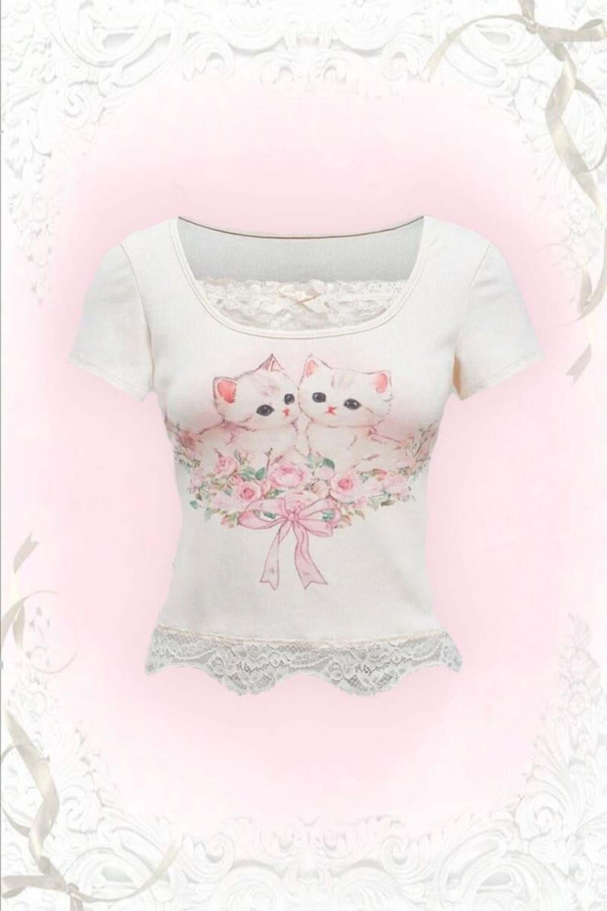 Karakedi Beyaz Kawaii Cat Dantel Detaylı Y2K Kısa Kollu Crop