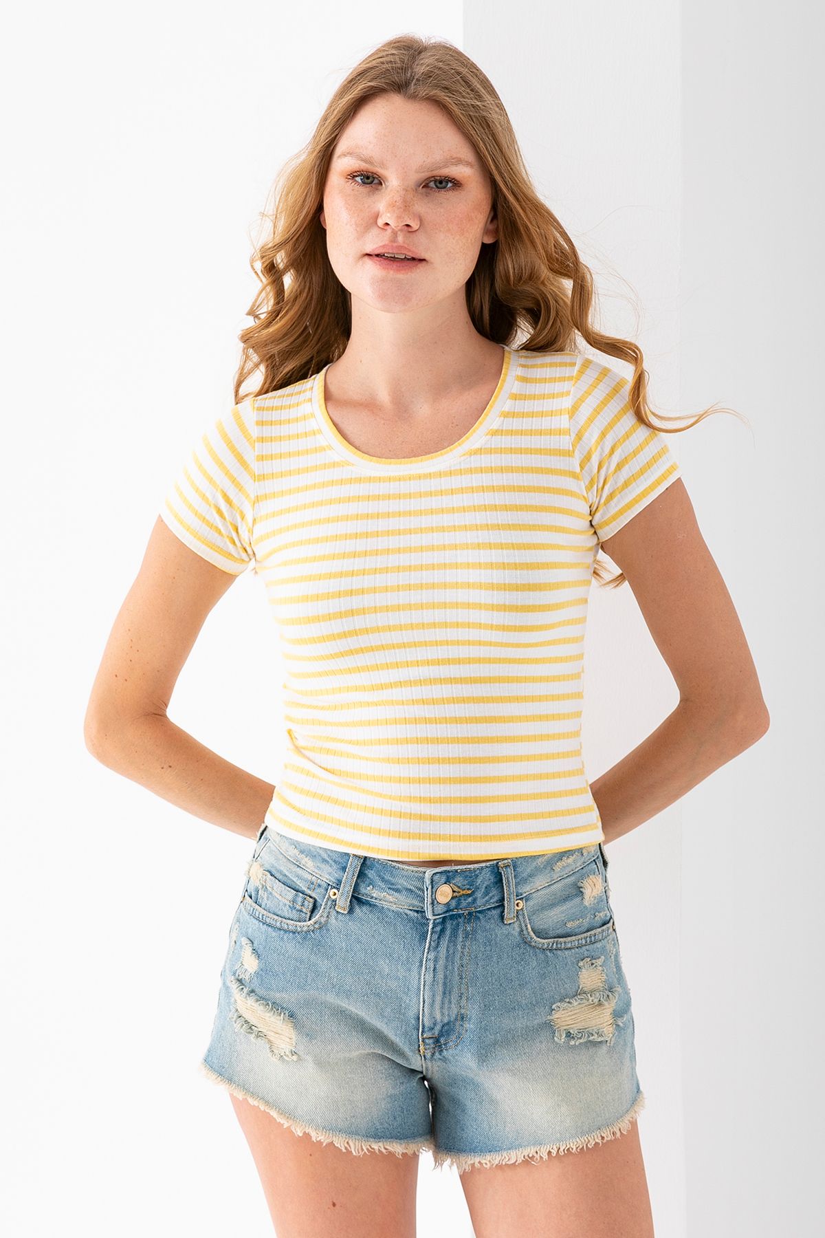 GİYSA Kadın Bisiklet Yaka Çizgili Basic Body Sarı - 25509