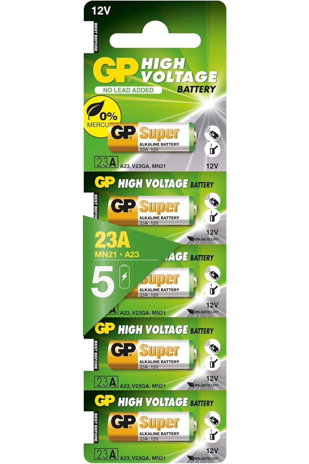 Mena Rise Batteries 23A Süper Alkalin 23A/MN21/V23GA Boy Pil, 12 Volt, 5'li Kart, Bakır/Beyaz/Yeşil 106427