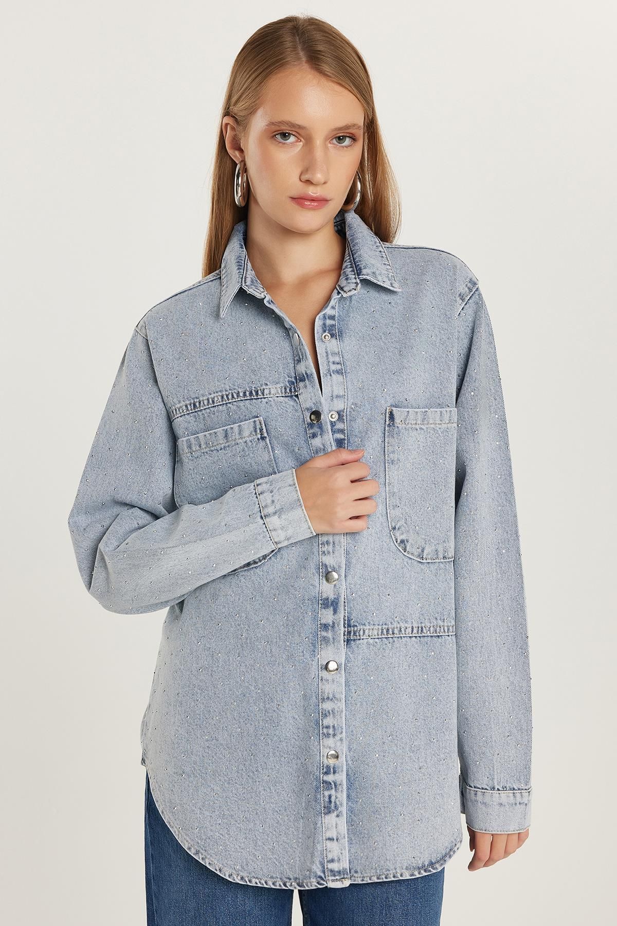 Tudors Kadın Regular Fit %100 Pamuk Uzun Kollu Mavi Denim Gömlek