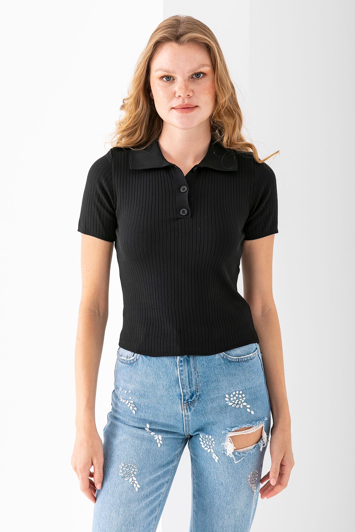 GİYSA Kadın Polo Yaka Düğme Detaylı Triko Basic T-Shirt Siyah - 4057
