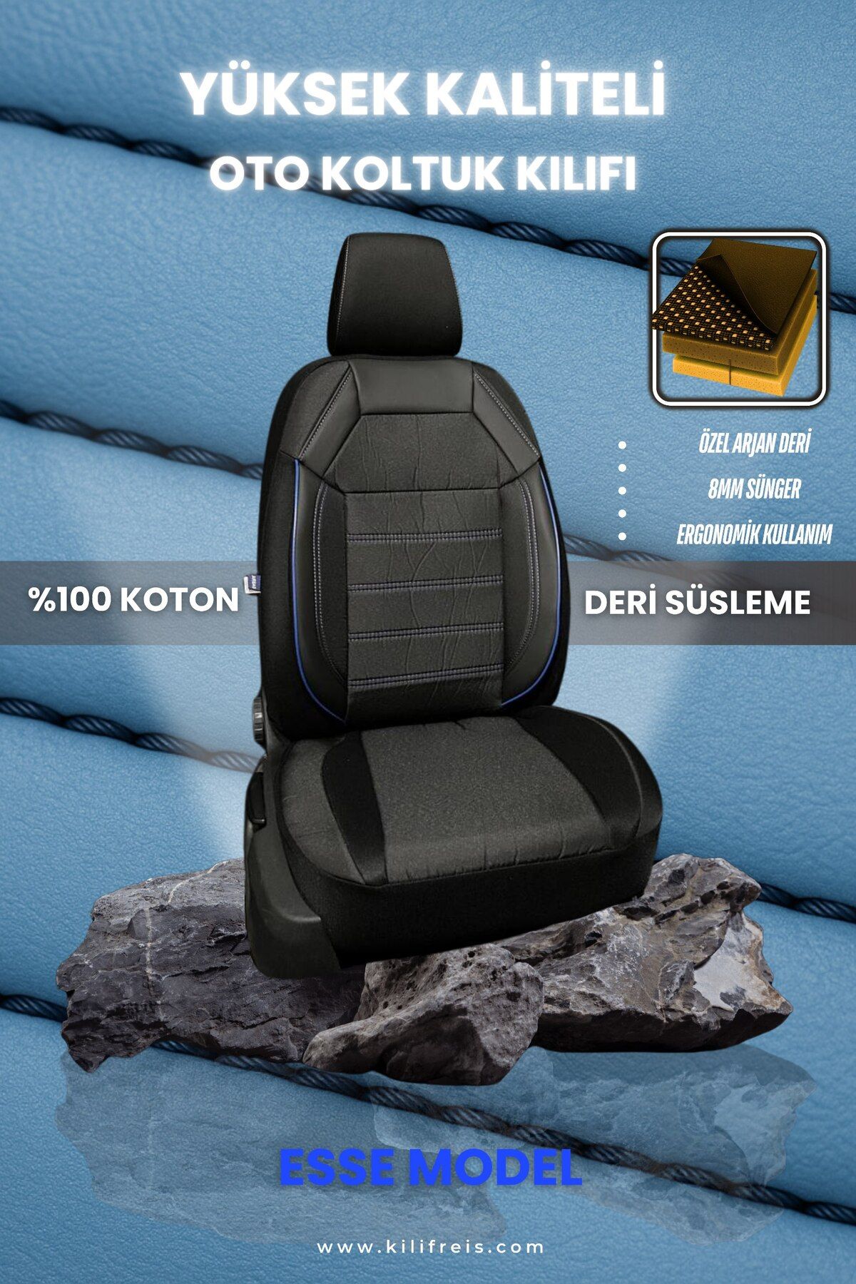 MOD10 ESSE MAVİ NAKIŞ KOLTUK KILIFI & Ön Arka 5 Koltuk Tam Set