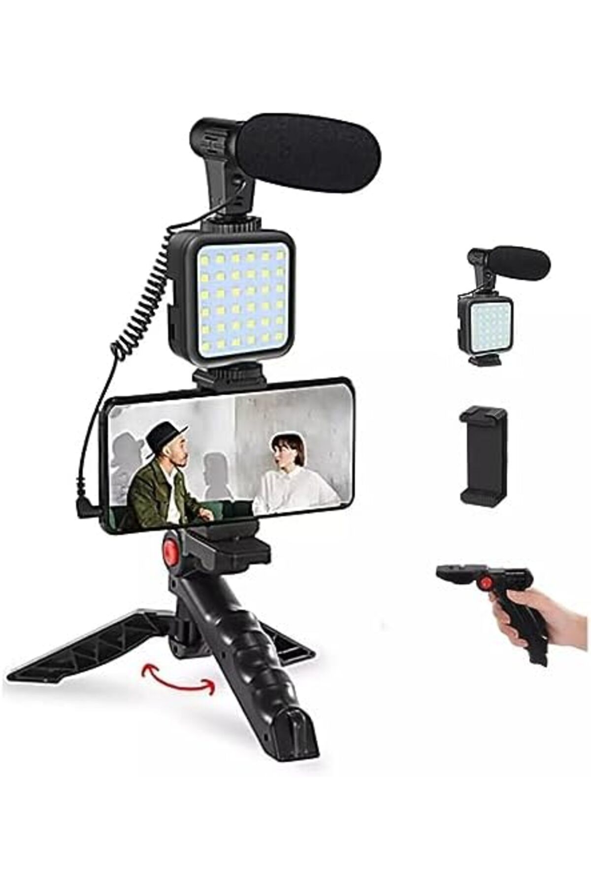 Mena Rise-مجموعة Diyar-ıFırsatShop ميكروفون يتم التحكم فيه، وإضاءة LED، وحامل ثلاثي صغير - تسجيل فيديو مدونة الهاتف A 3