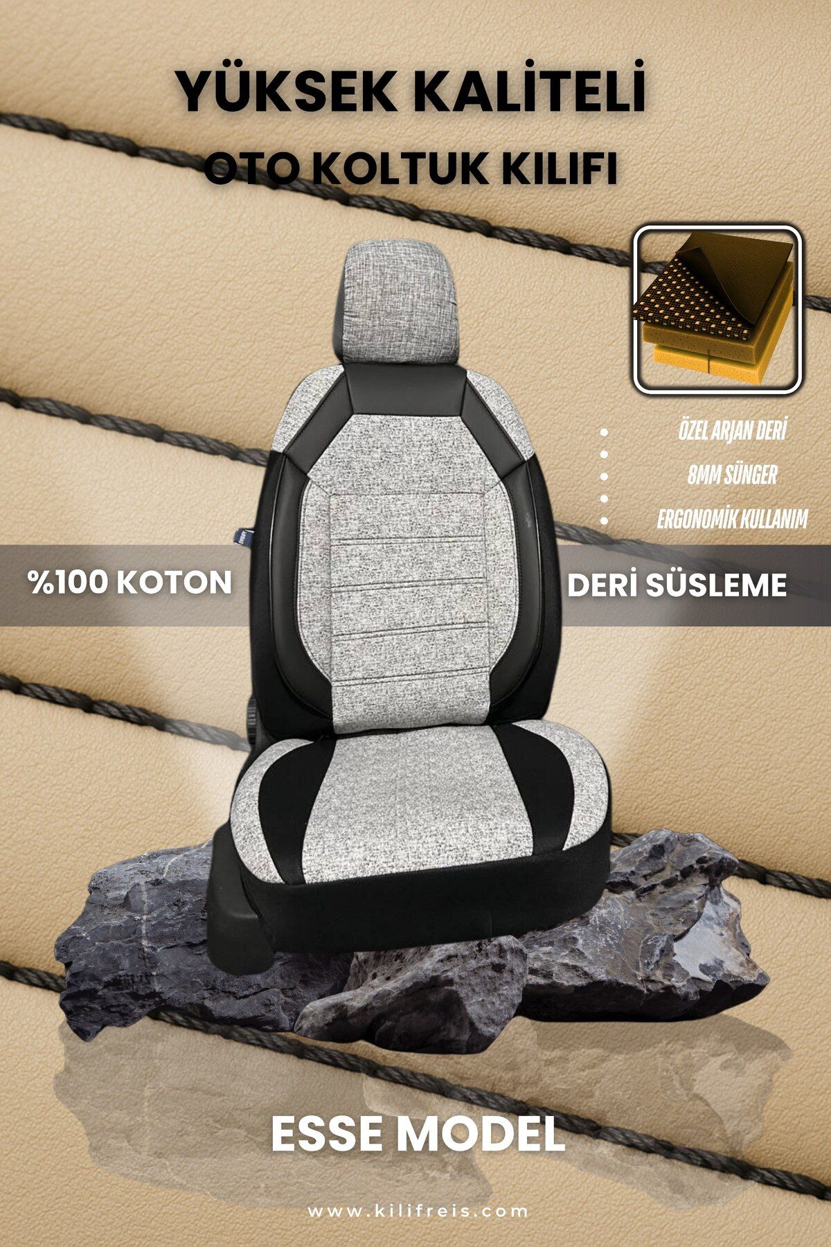 MOD10 ESSE GRİ KUMAŞ KOLTUK KILIFI & Ön Arka 5 Koltuk Tam Set