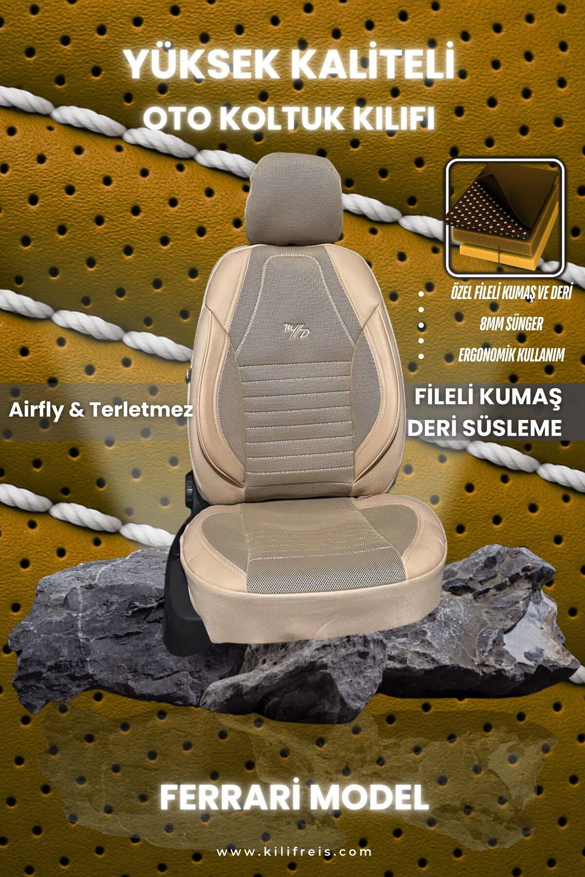 KILIFREİS FERRARI , TERLETMEZ KREM RENK KOLTUK KILIFI & Ön Arka 5 Koltuk Tam Set