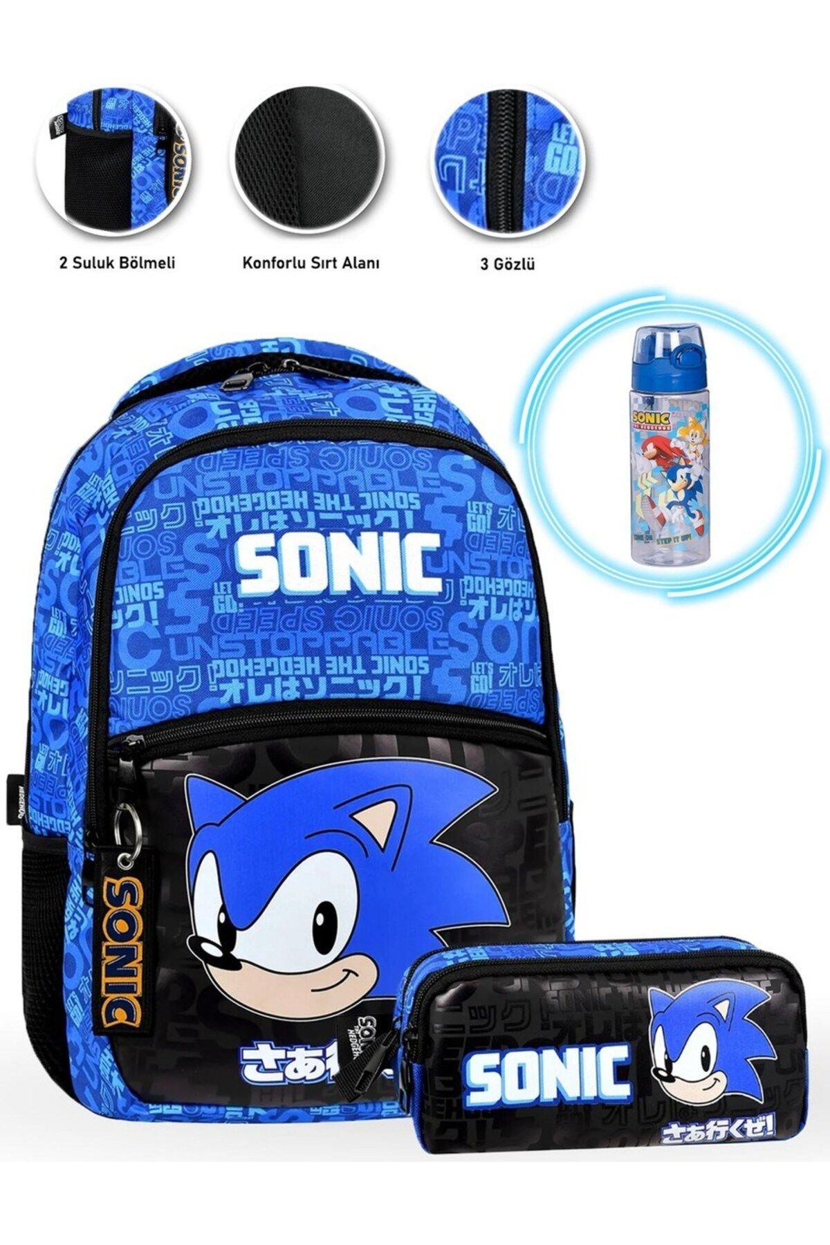 Sonic Okul Çantası+ Kalem Çantası + Su Matarası