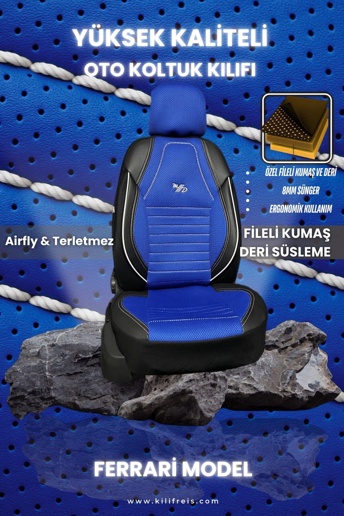 KILIFREİS FERRARİ MAVİ RENK KOLTUK KILIFI & Ön Arka 5 Koltuk Tam Set