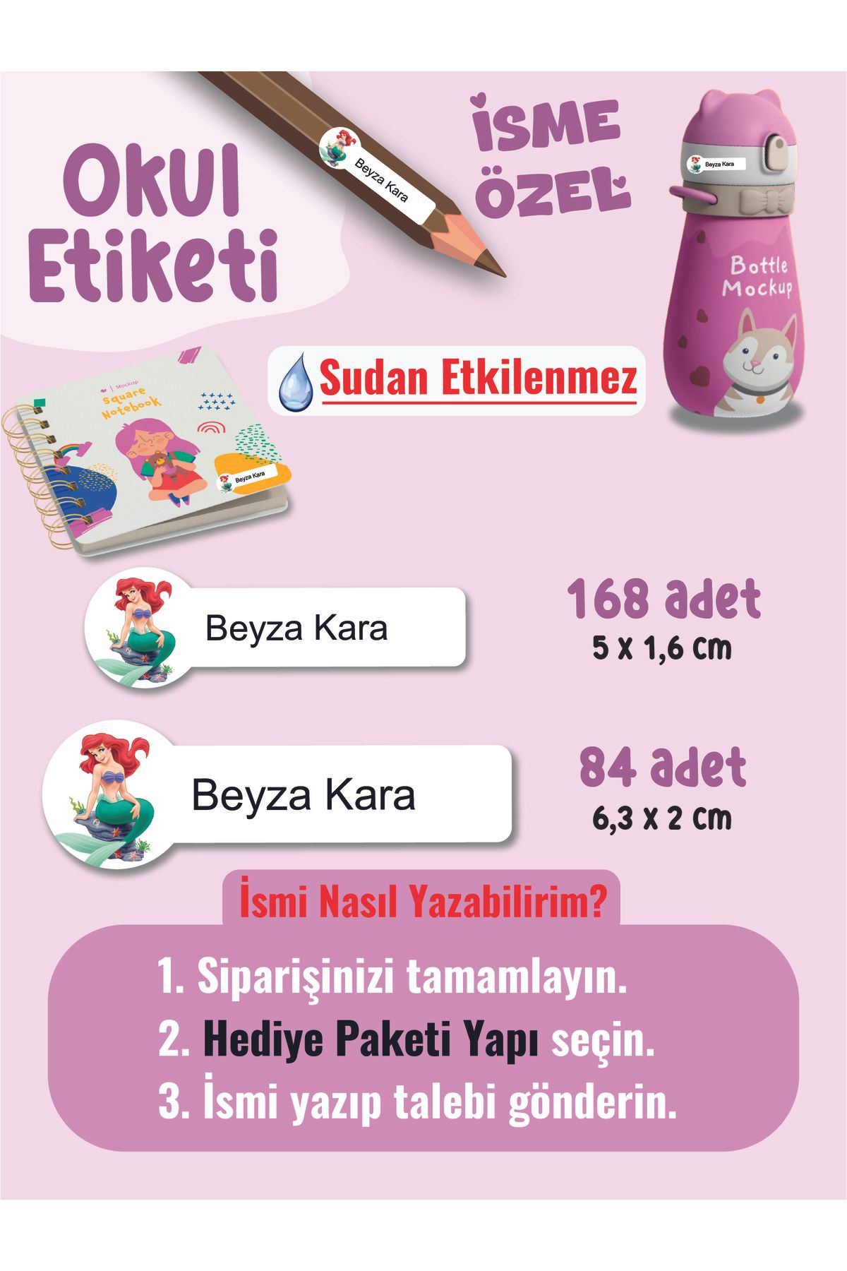 YUNUS COPY Okul Etiketi Kalem Defter Etiketi Deniz Kızı Temalı Özel İsim Yazılabilen Etiket - 252Adet
