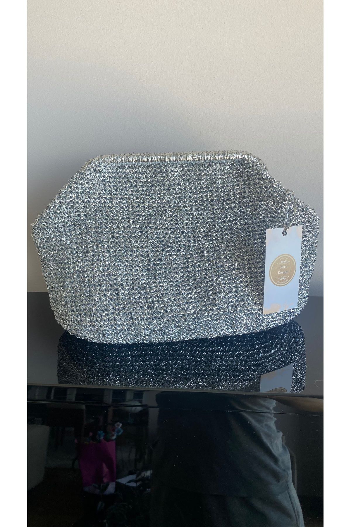 PeriStore Gümüş Metalik İp Örme Portföy Çanta 35x25cm