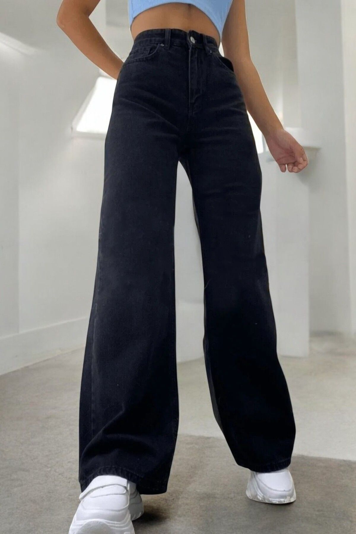 Livik Charlotte Genç Kız Siyah Yüksek Bel Likralı 6 Cepli 90's Wide Leg Jeans