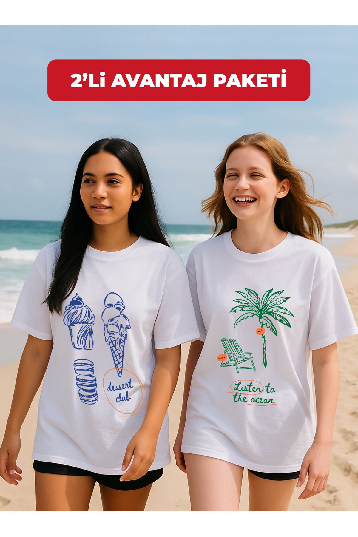 Plaza Butik 2'li Kadın Baskılı Oversize T-shirt