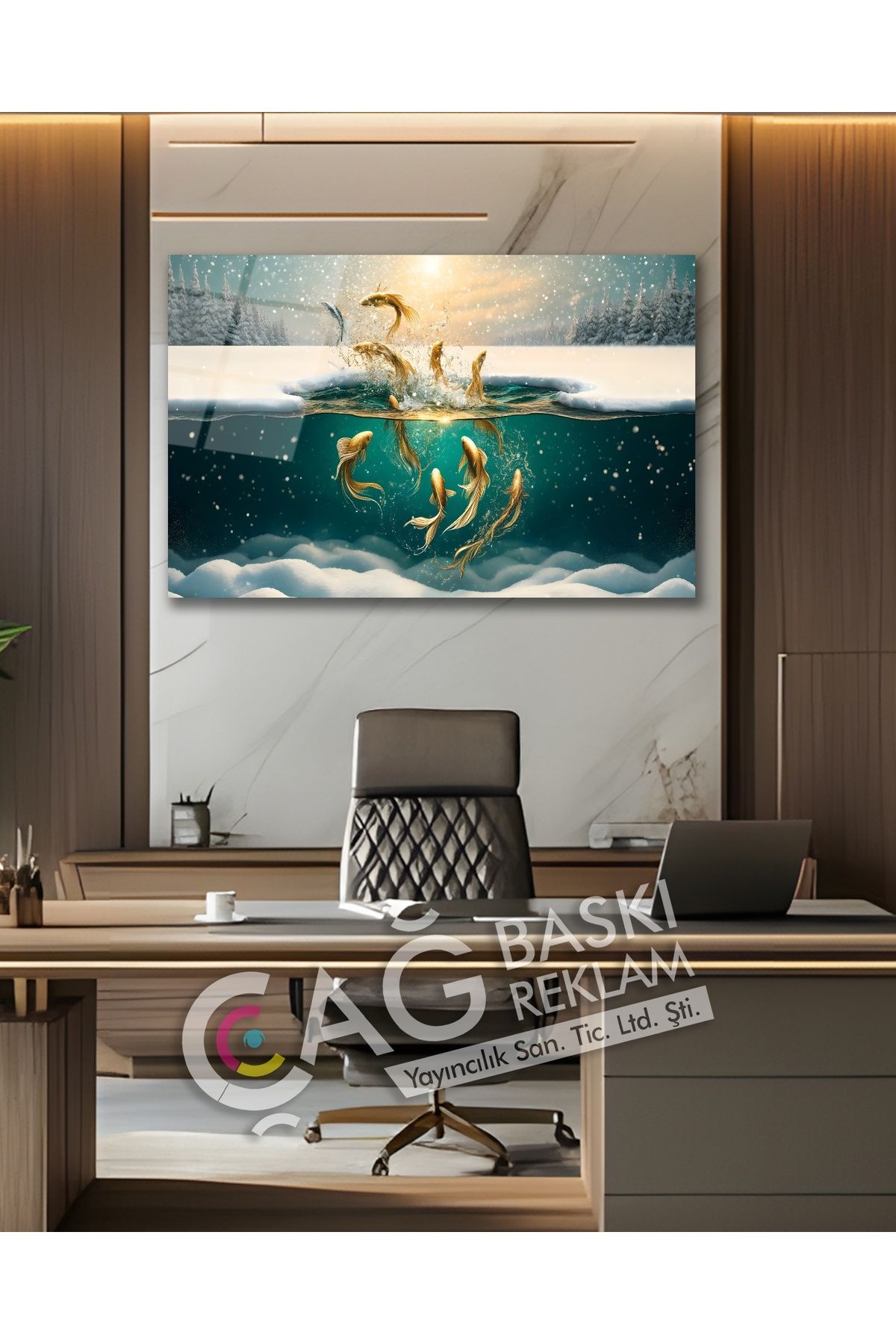 Çağ Baskı Balıklar Deniz Kış Göz Alıcı Estetik Cam Tablo Modern Ev Ofis Salon Oda Duvar Dekoru Hediyelik