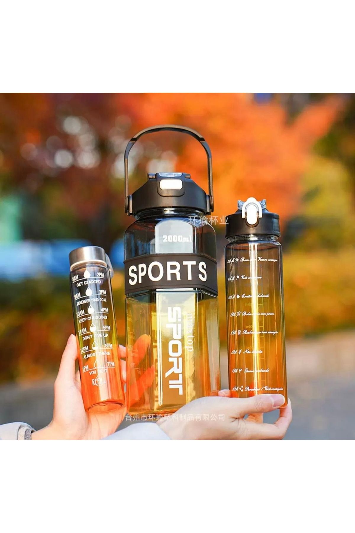 AbaTech SPORTS Siyah Renkli Akrilik Spor 3lü Motivasyon Suluk Matara 2000ml 900ml 350ml