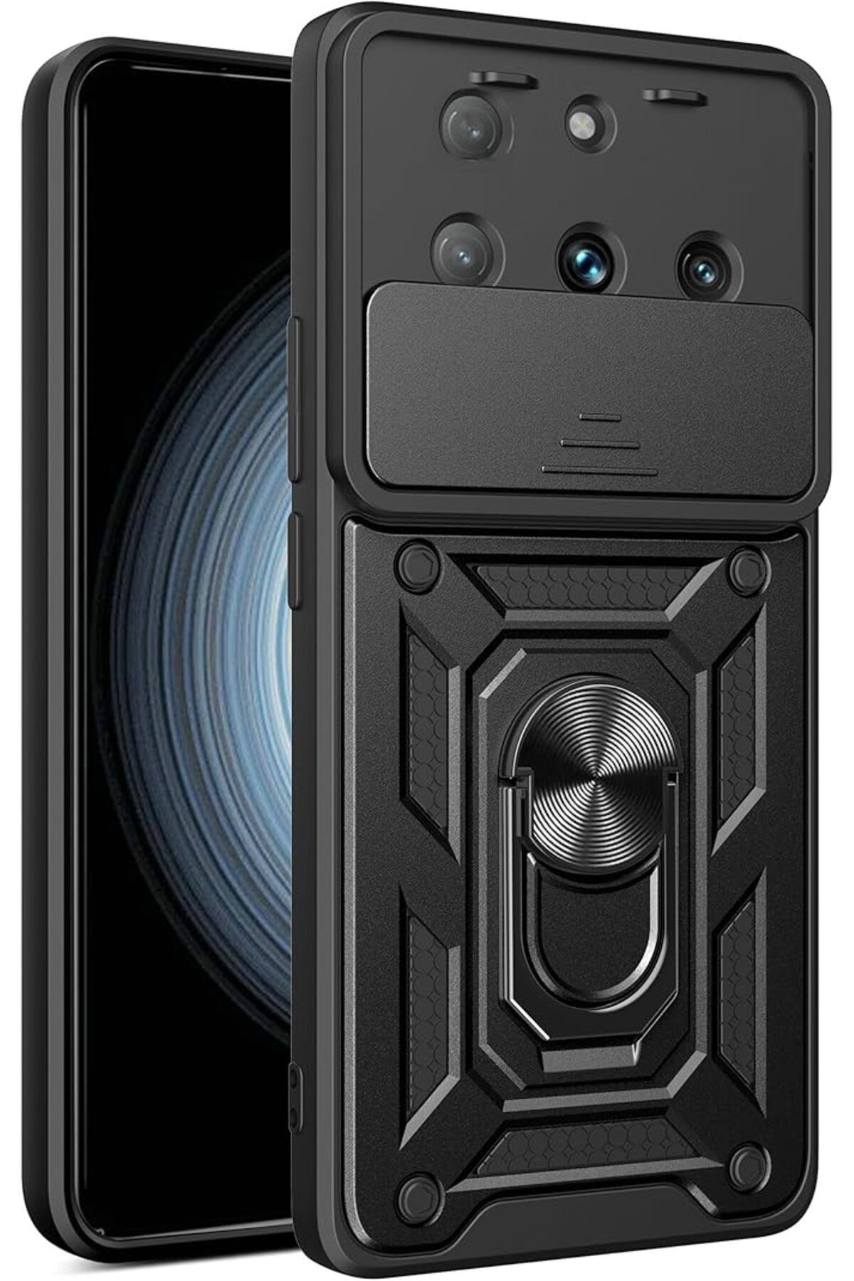 KılıfShop Tecno Spark 20 Pro Plus Kılıf Pars Yüzüklü Standlı Darbe Korumalı Siyah