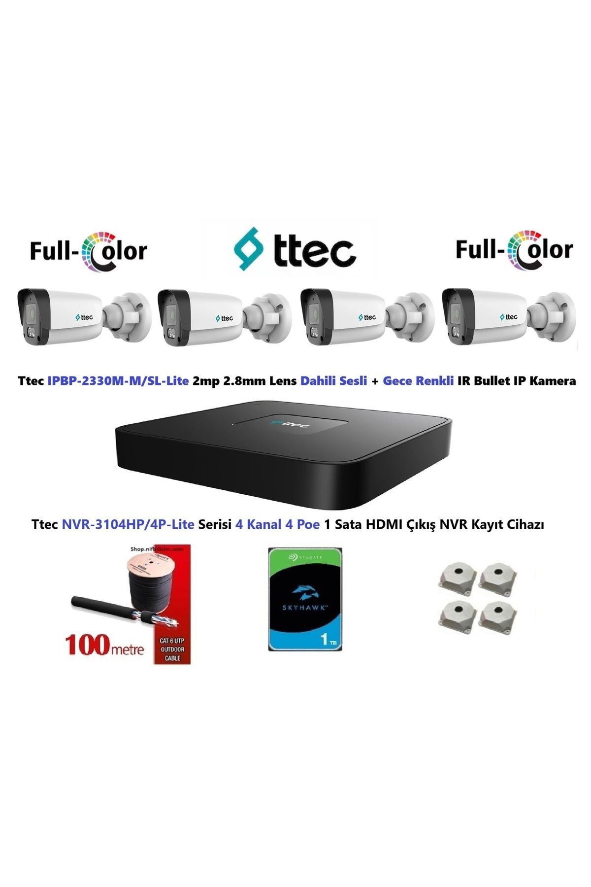 Ttec Nif Bilişim Ttec 2mp Dahili Sesli Ve Gece Renkli 4 Kameralı 1TB Disk Tak Çalıştır IP Kamera Seti