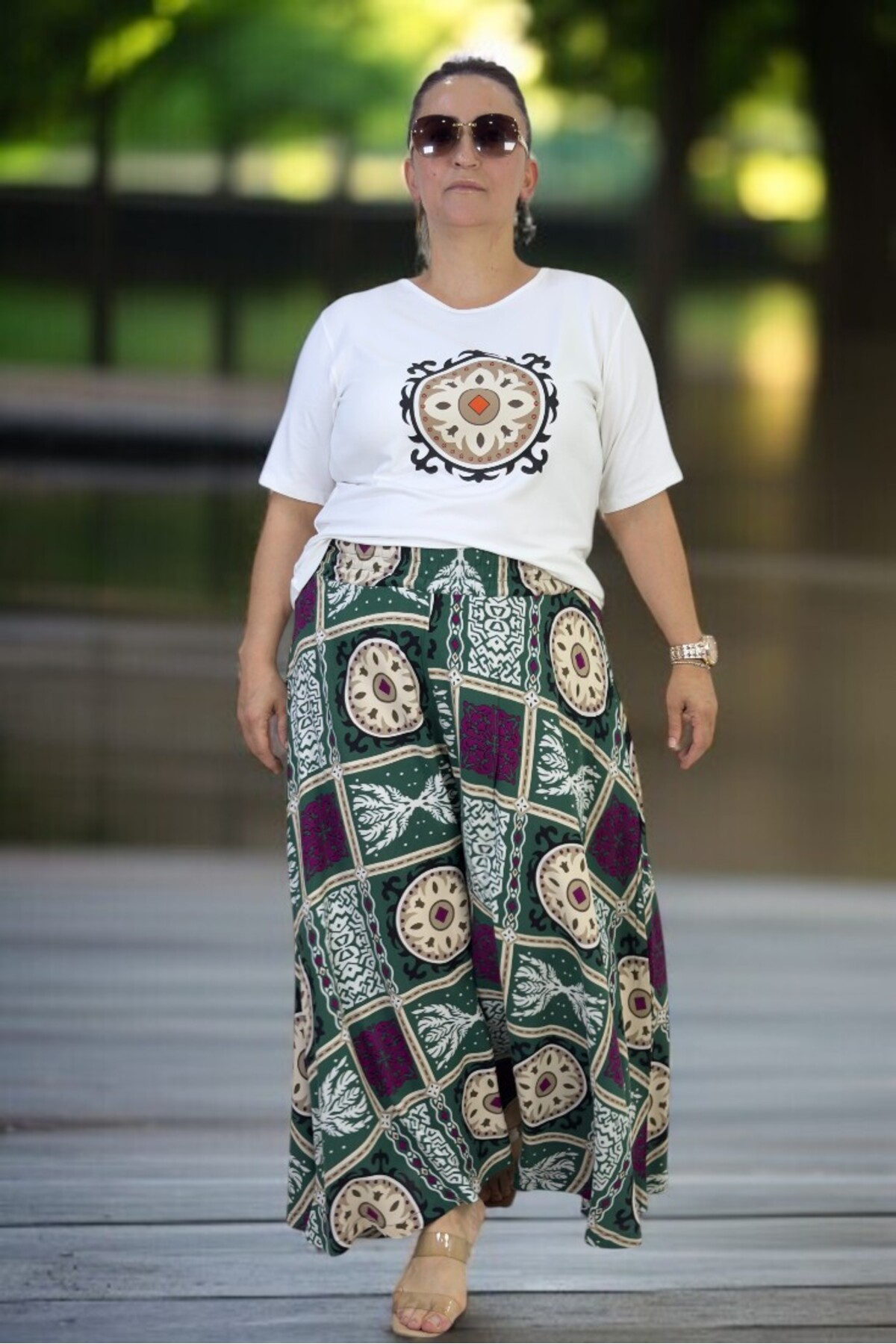 ELASTIC WAIST WIDE CUT COTTON VISCOSE PANTS SKIRT COMBED COTTON BLOUSE 2 PIECE SET