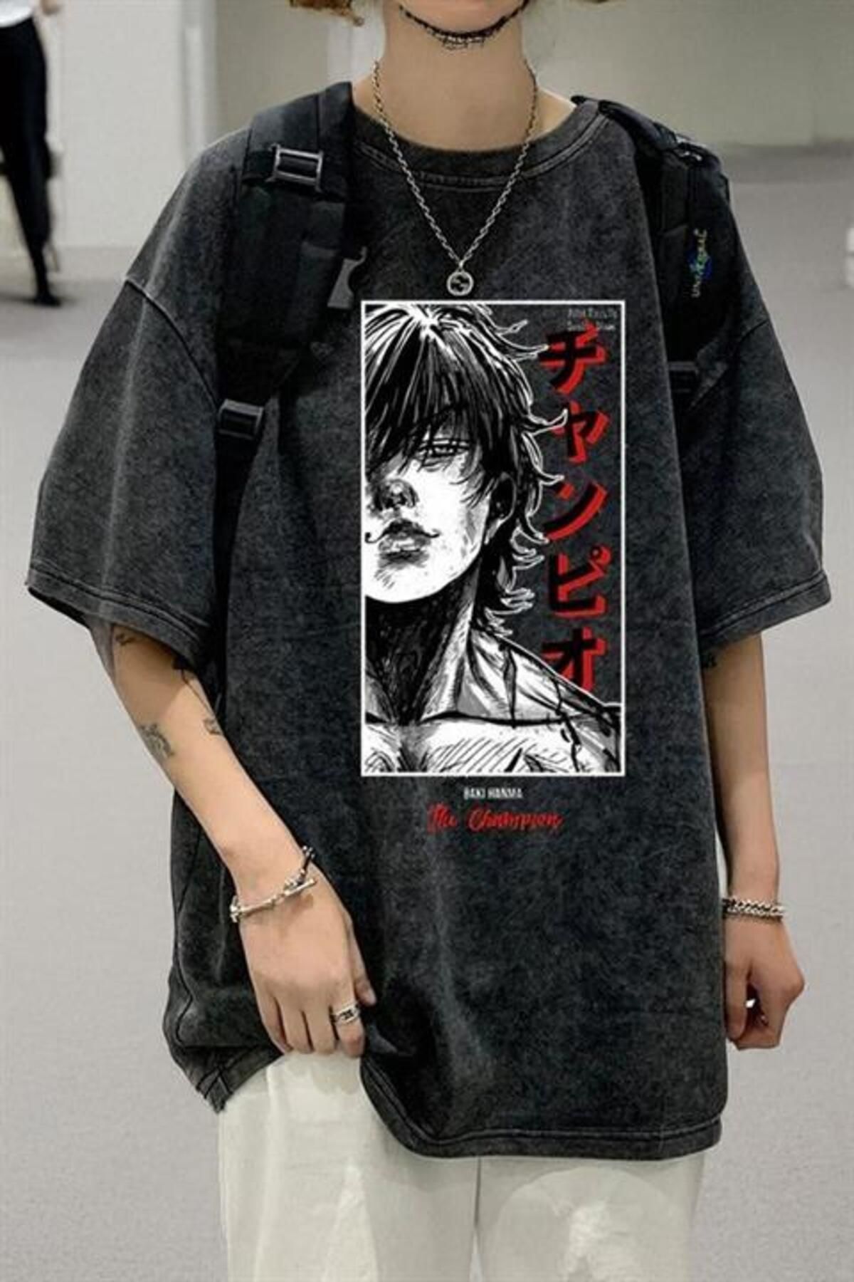 Karakedi Siyah Baki Hanma The Champion Yıkamalı Kumaş Unisex T-shirt