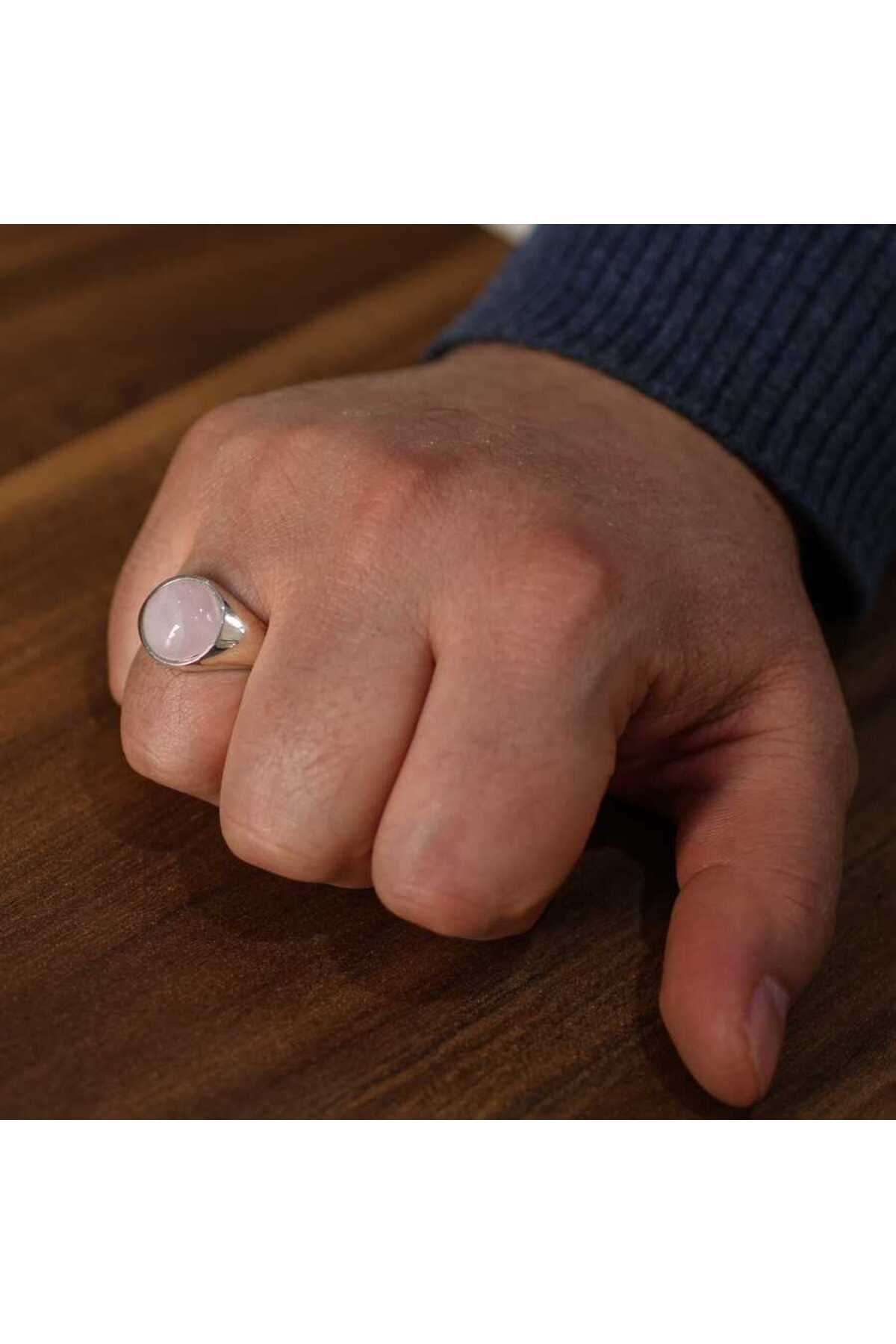 Nusret Takı 925 Ayar Gümüş Pembe Kuvars Taşlı Yuvarlak Cilalı Erkek Yüzük